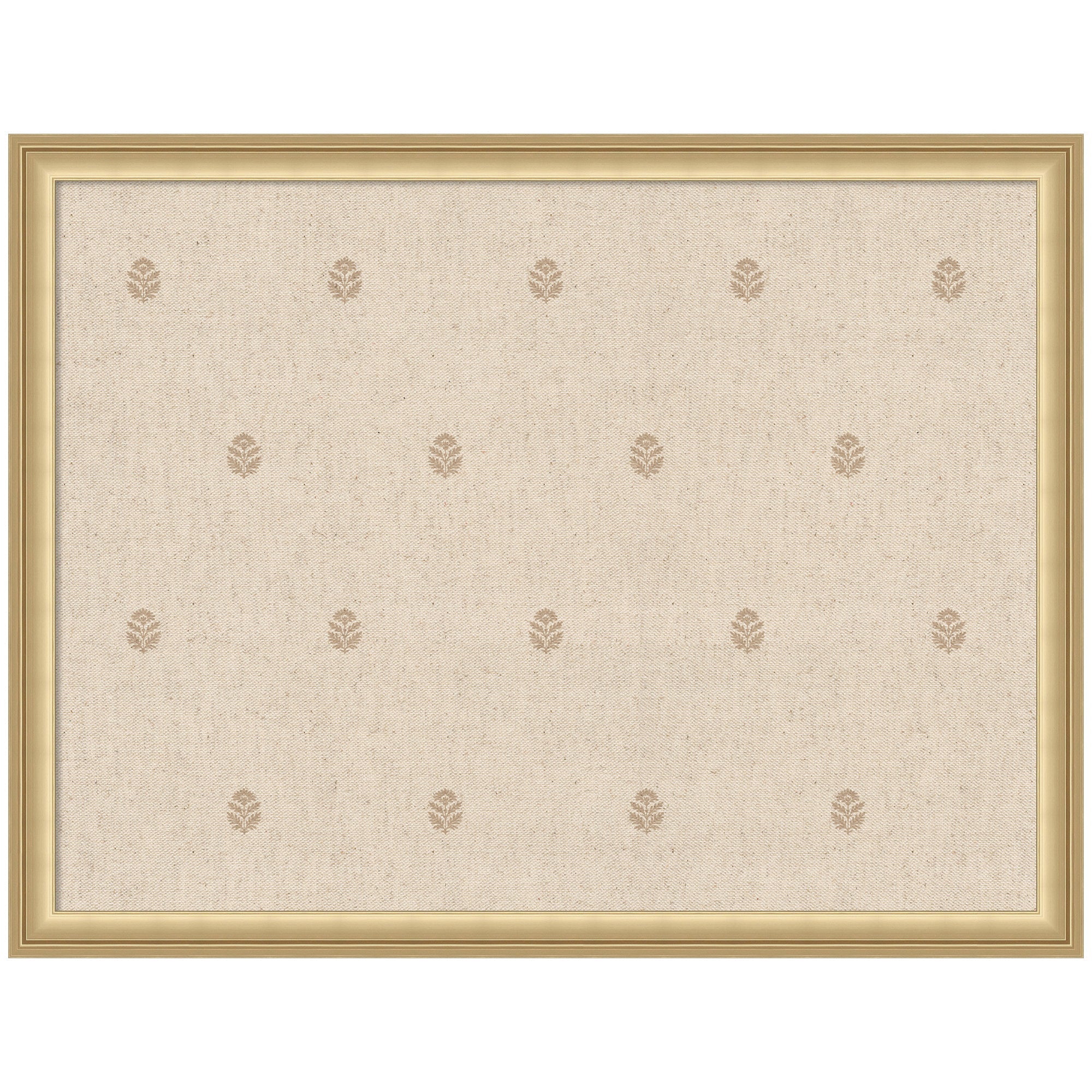 Pinboard with beige botanical block print on a linen-textured fabric surface, framed and ready to hang