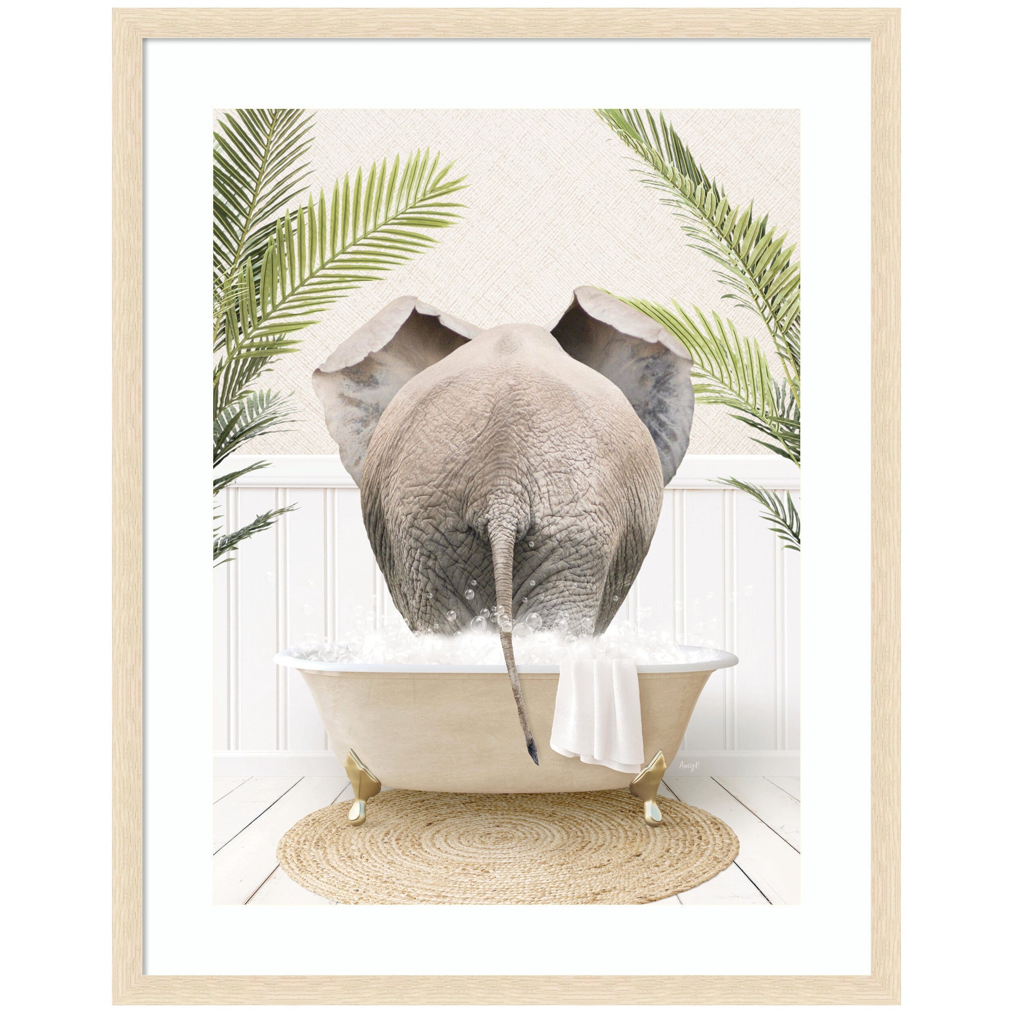 Elephant Back in Palm Bathtub by Amy Peterson Framed Wall Art Print