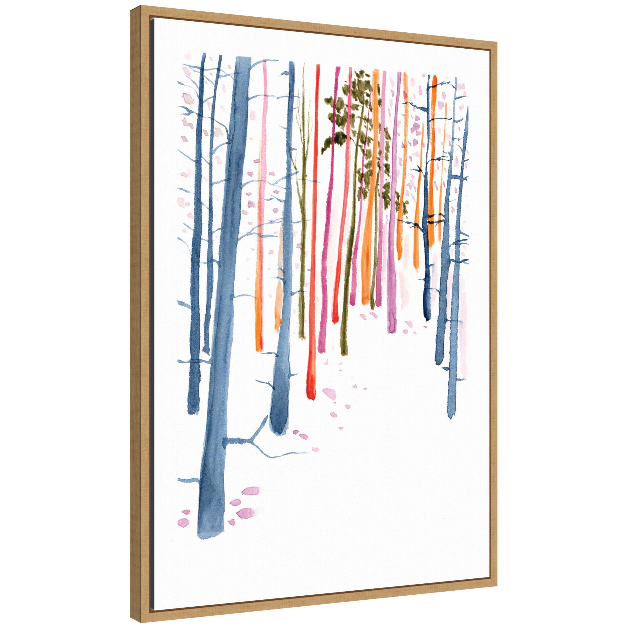 Framed canvas artwork showing colorful woodland trees in a vibrant landscape by Viola Kreczmer