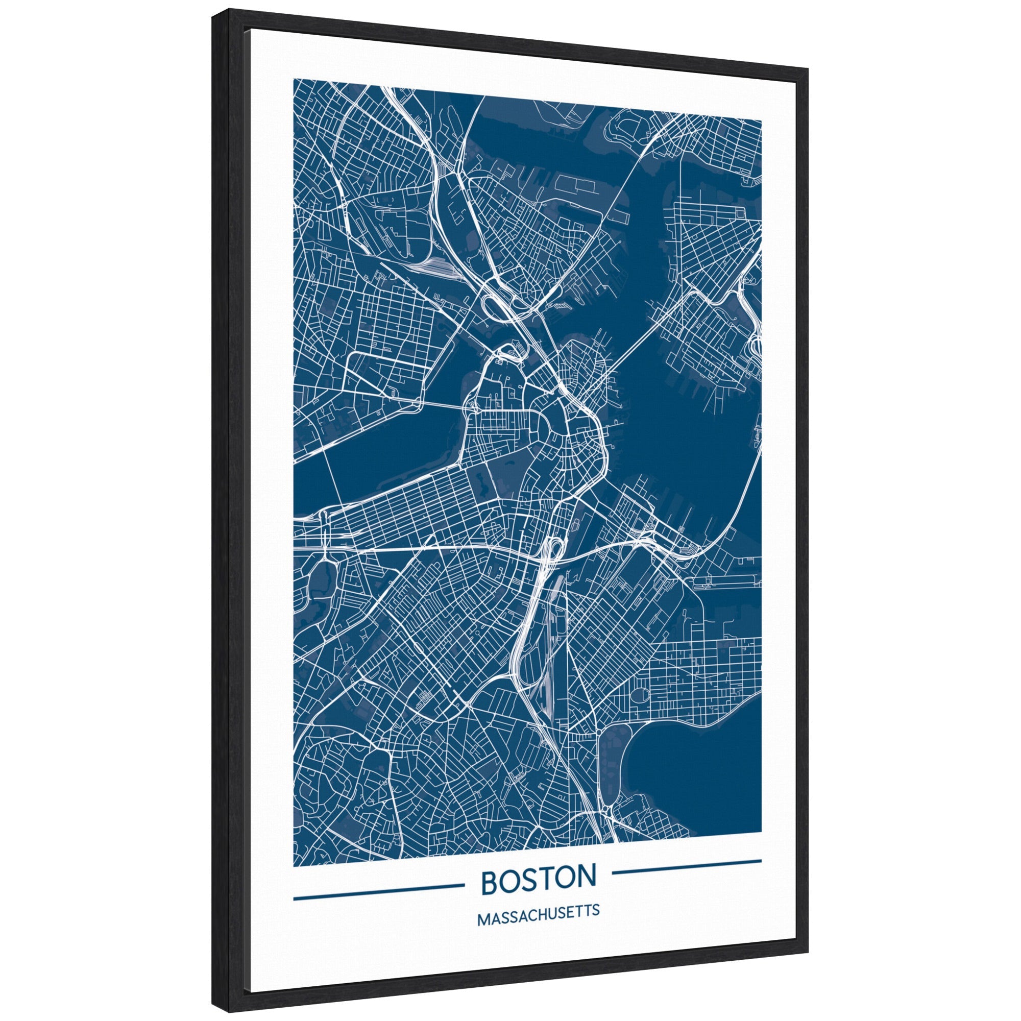 Framed canvas featuring a blue and gray map of Boston titled 'Sylvie Boston Map Regal Blue' by Jake Goossen