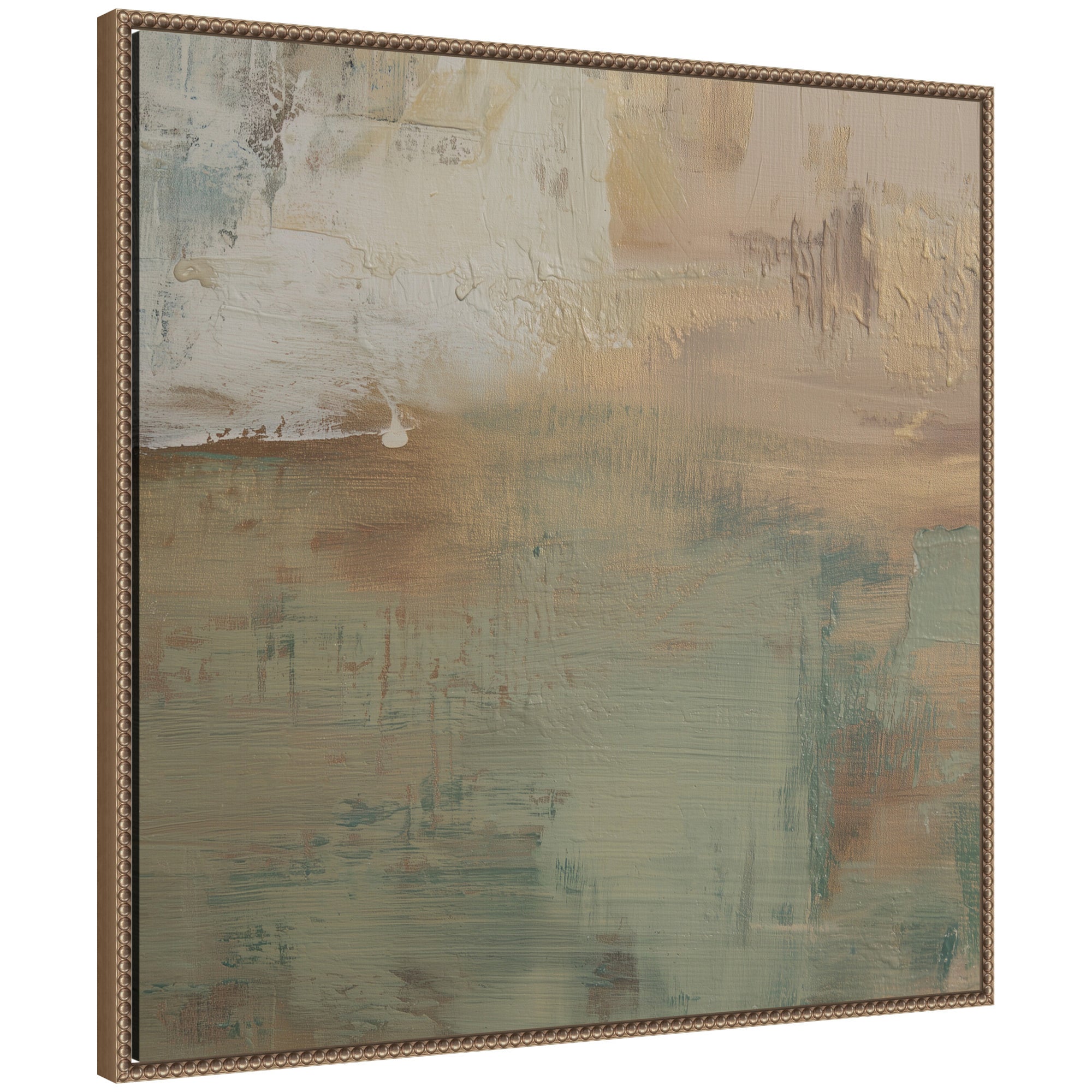 Framed canvas wall art titled Sage Horizon No.
1 by Amy Lighthall featuring abstract muted tones in Sylvie Beaded Dark Gold frame