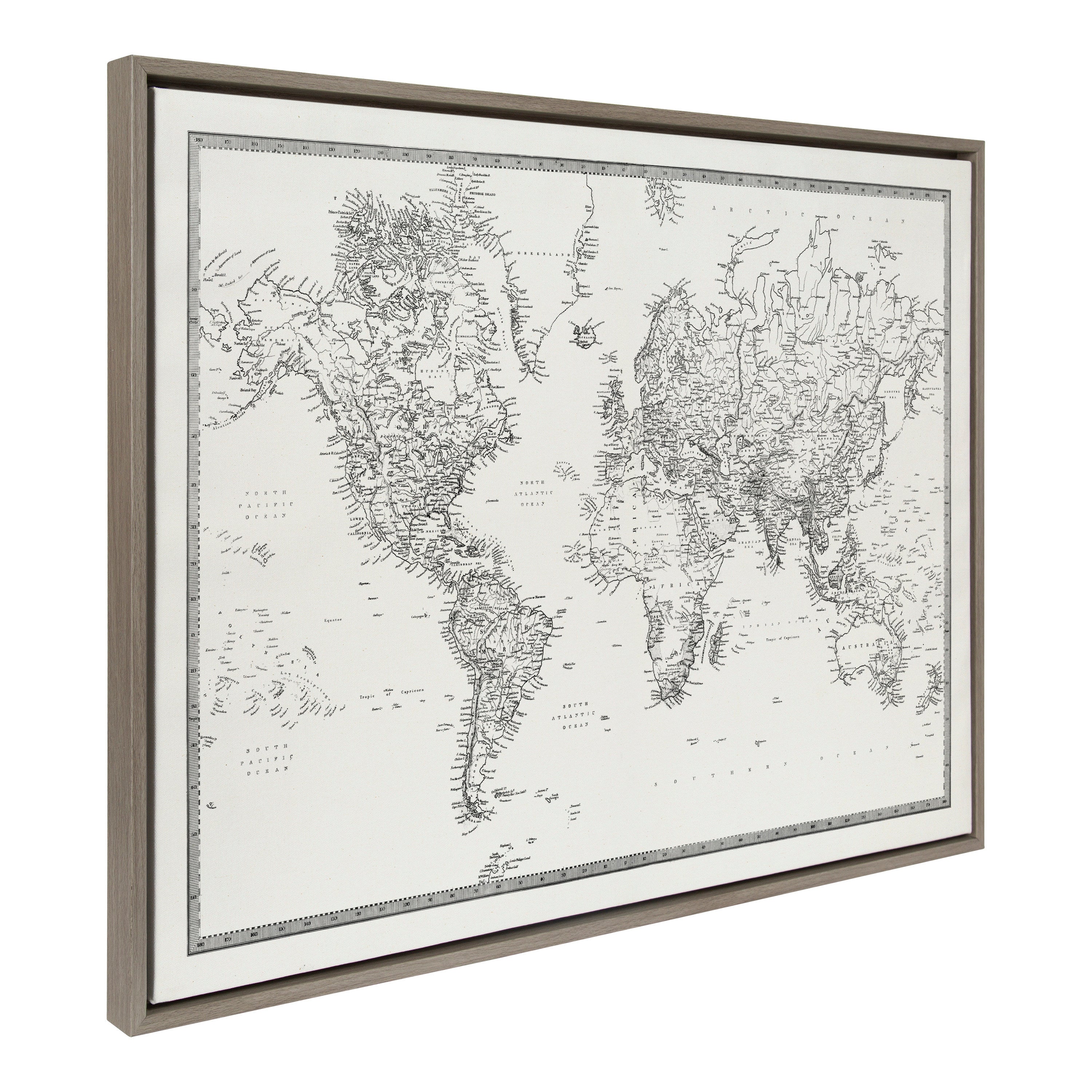 Sylvie Vintage Black and White World Map Framed Canvas by The Creative