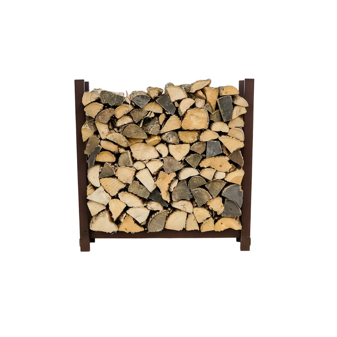 Woodhaven 3 ft Firewood Rack with seasoning cover in black finish holding stacked firewood