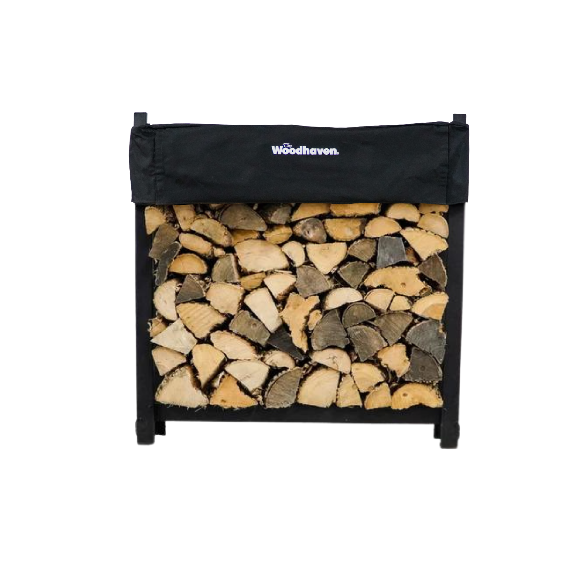 Woodhaven 3 ft Firewood Rack with seasoning cover in black finish holding stacked firewood