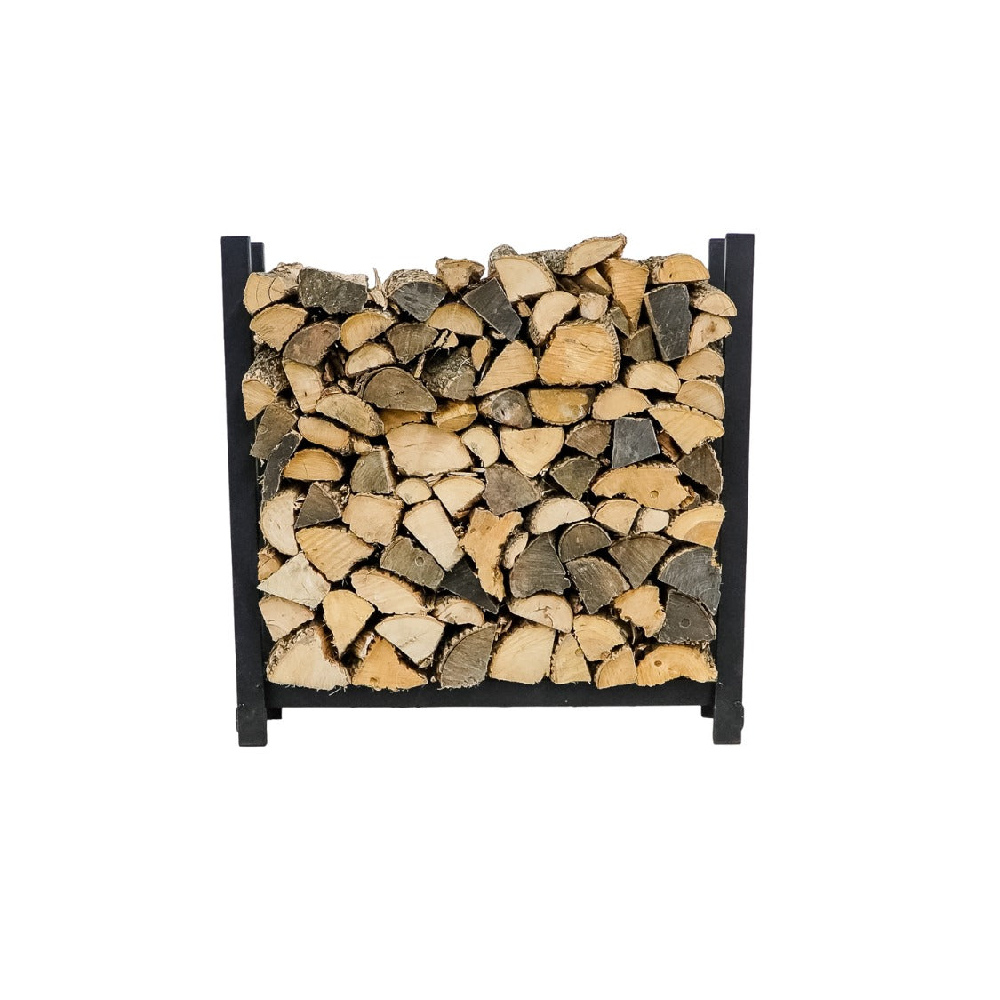 Woodhaven 3 ft Firewood Rack with seasoning cover in black finish holding stacked firewood