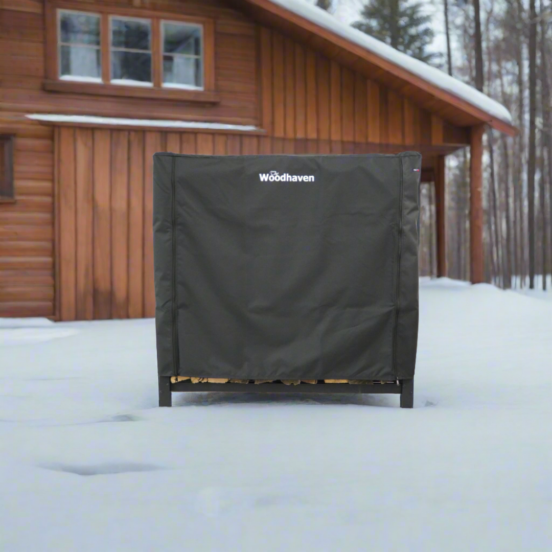 Woodhaven Full Firewood Rack Cover with zipper closure protecting stacked firewood outdoors
