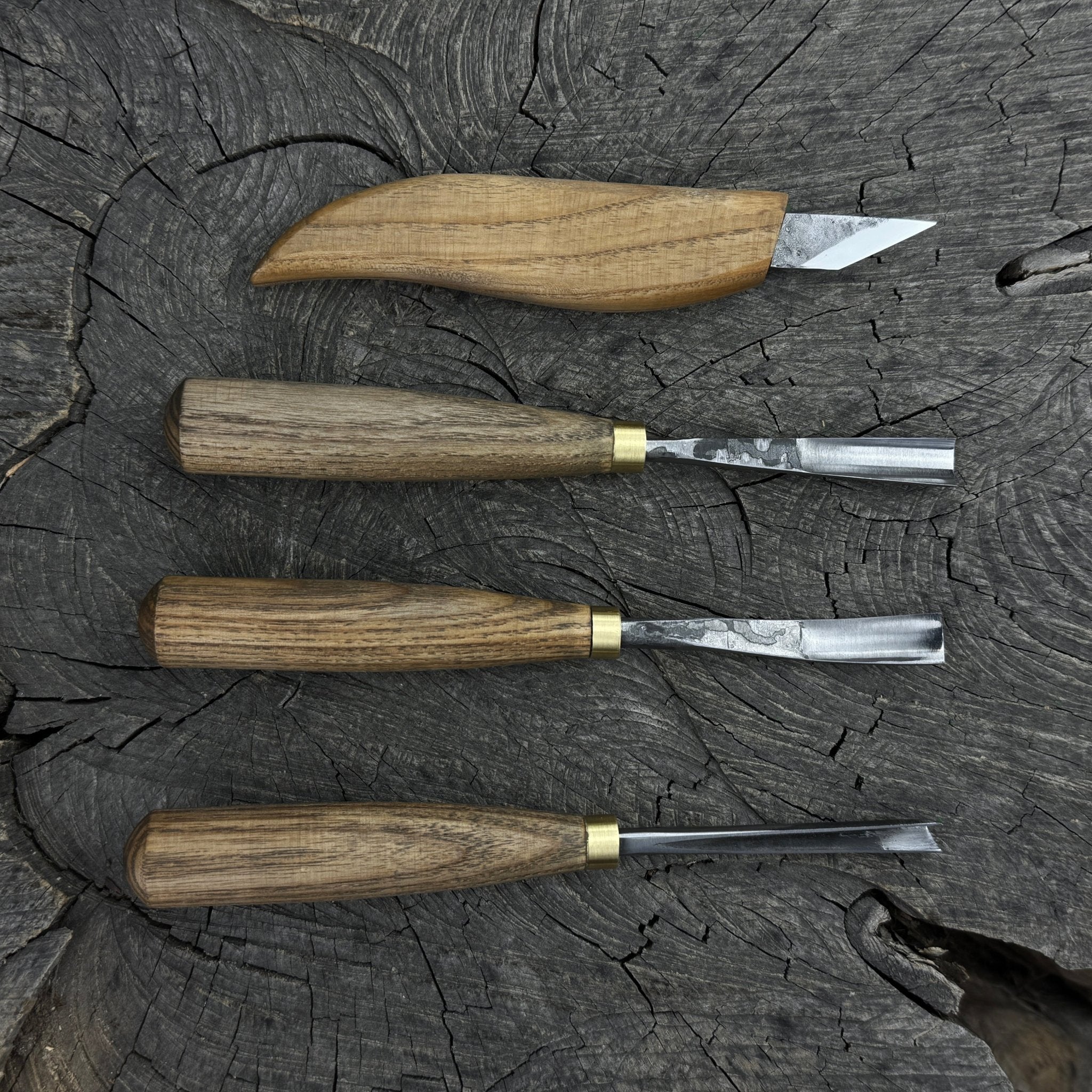 4-Piece Carving Knife, Chisel & Gouge Set with ash wood handles and forged steel blades