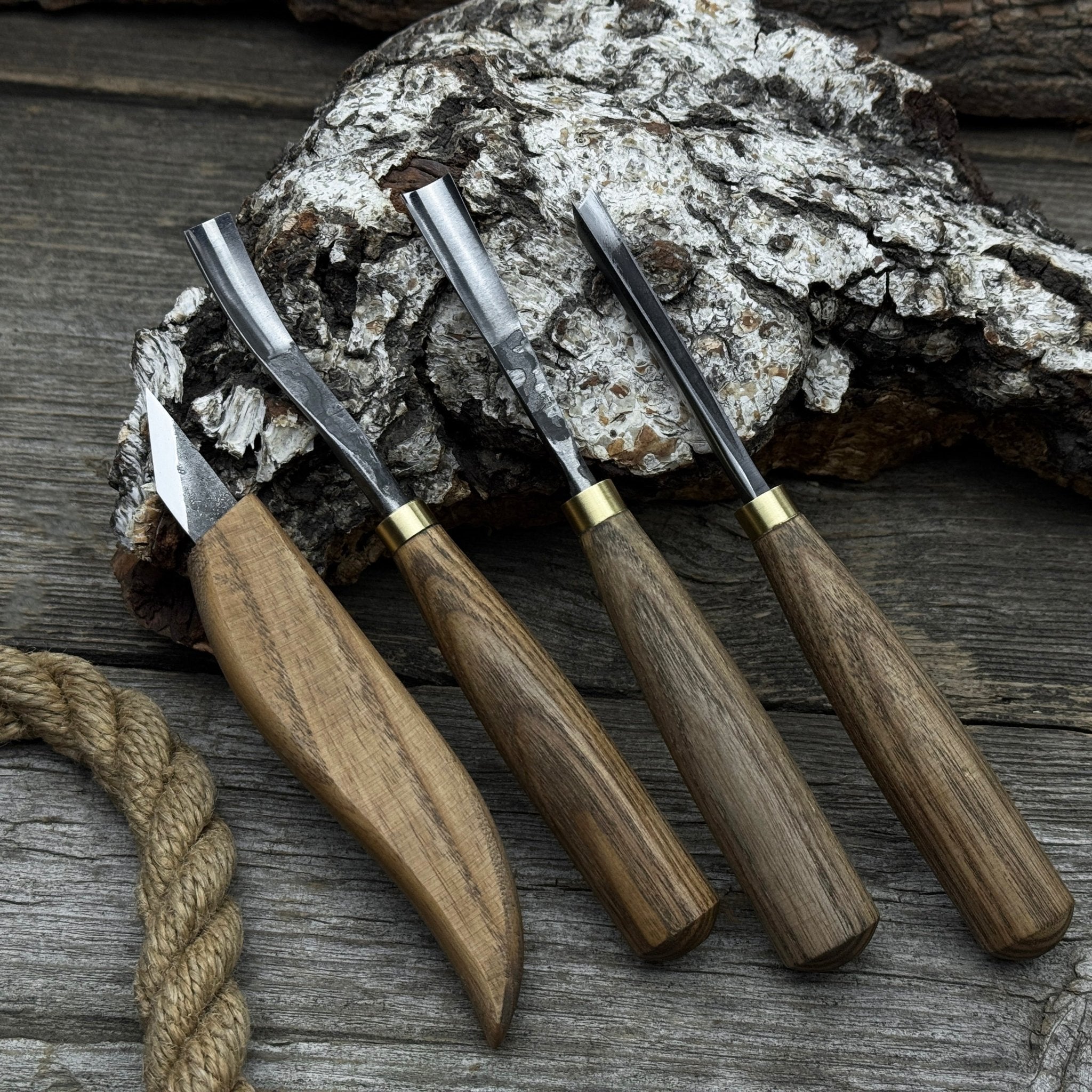 4-Piece Carving Knife, Chisel & Gouge Set with ash wood handles and forged steel blades