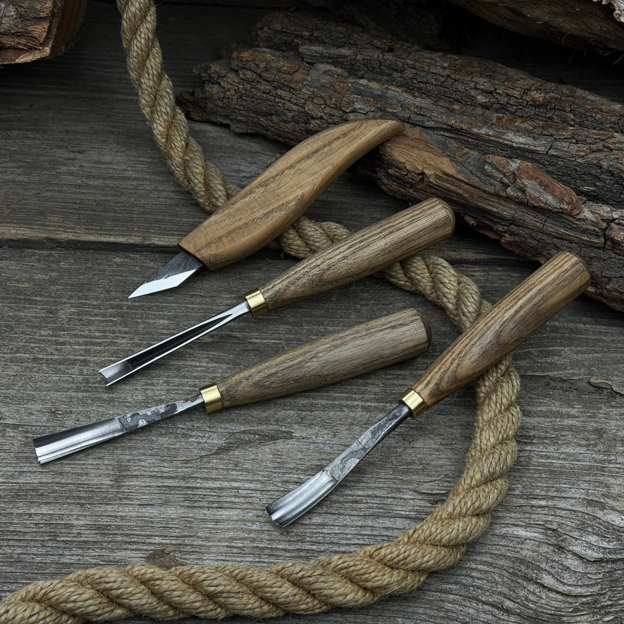 4-Piece Carving Knife, Chisel & Gouge Set with ash wood handles and forged steel blades