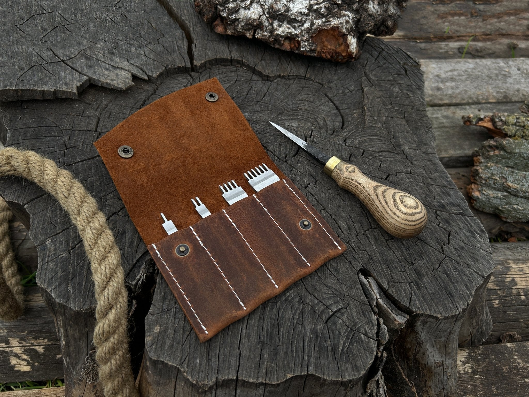 4-piece diamond style leather pricking iron set and hand-forged awl with ash wood handles and leather sheath