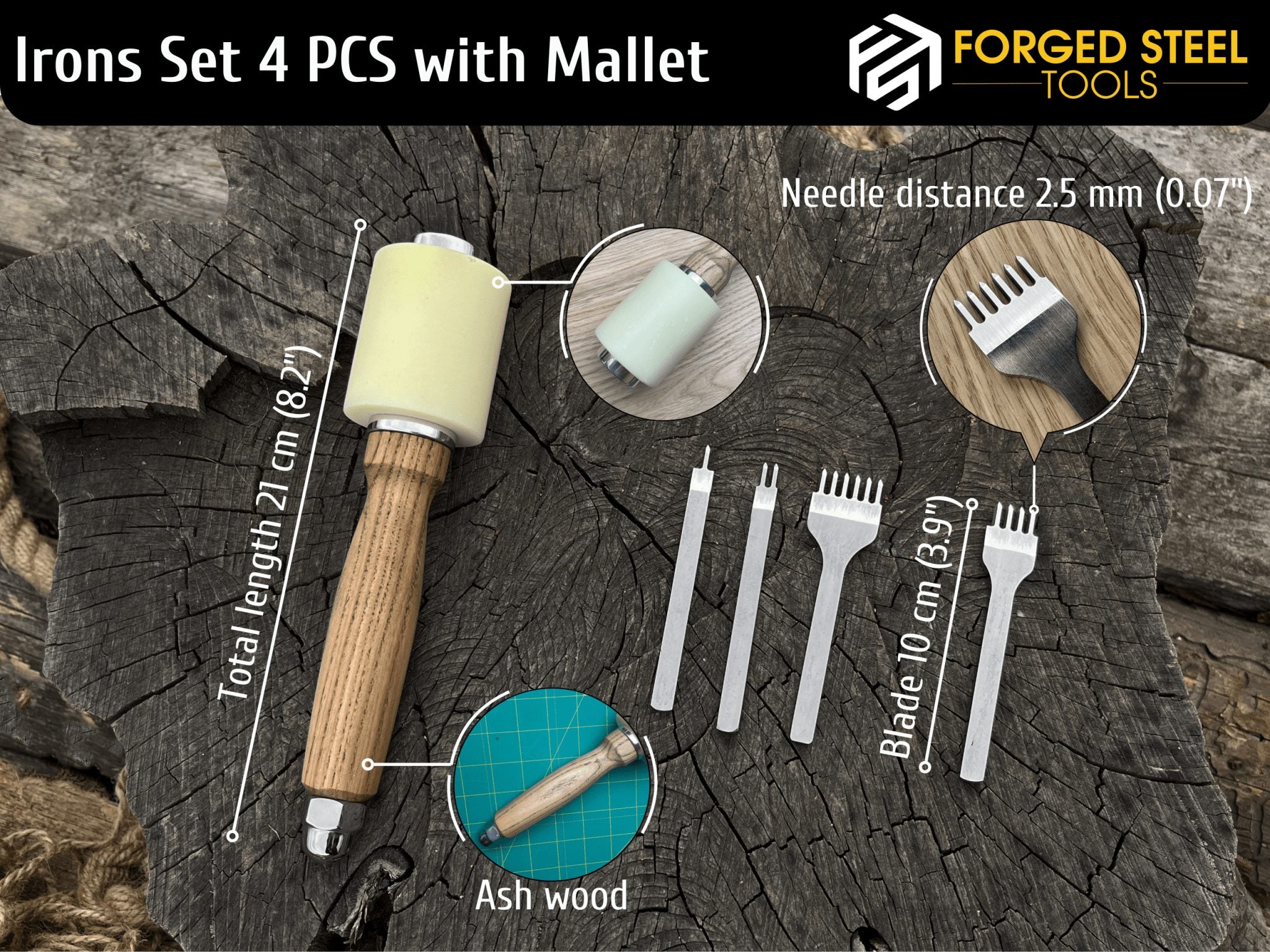 4-piece diamond style leather pricking iron set with leather nylon hammer and leather sheath