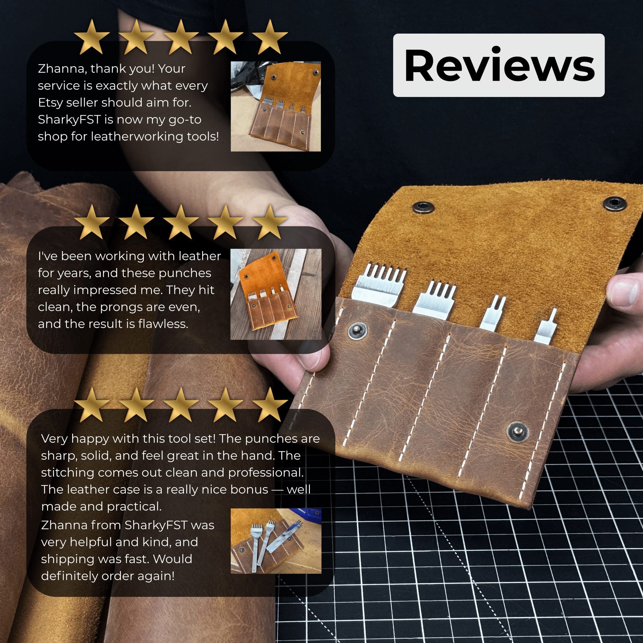 4-piece diamond style leather pricking iron set with 1, 2, 4, and 6 prongs by Sharky Forged Steel Tools