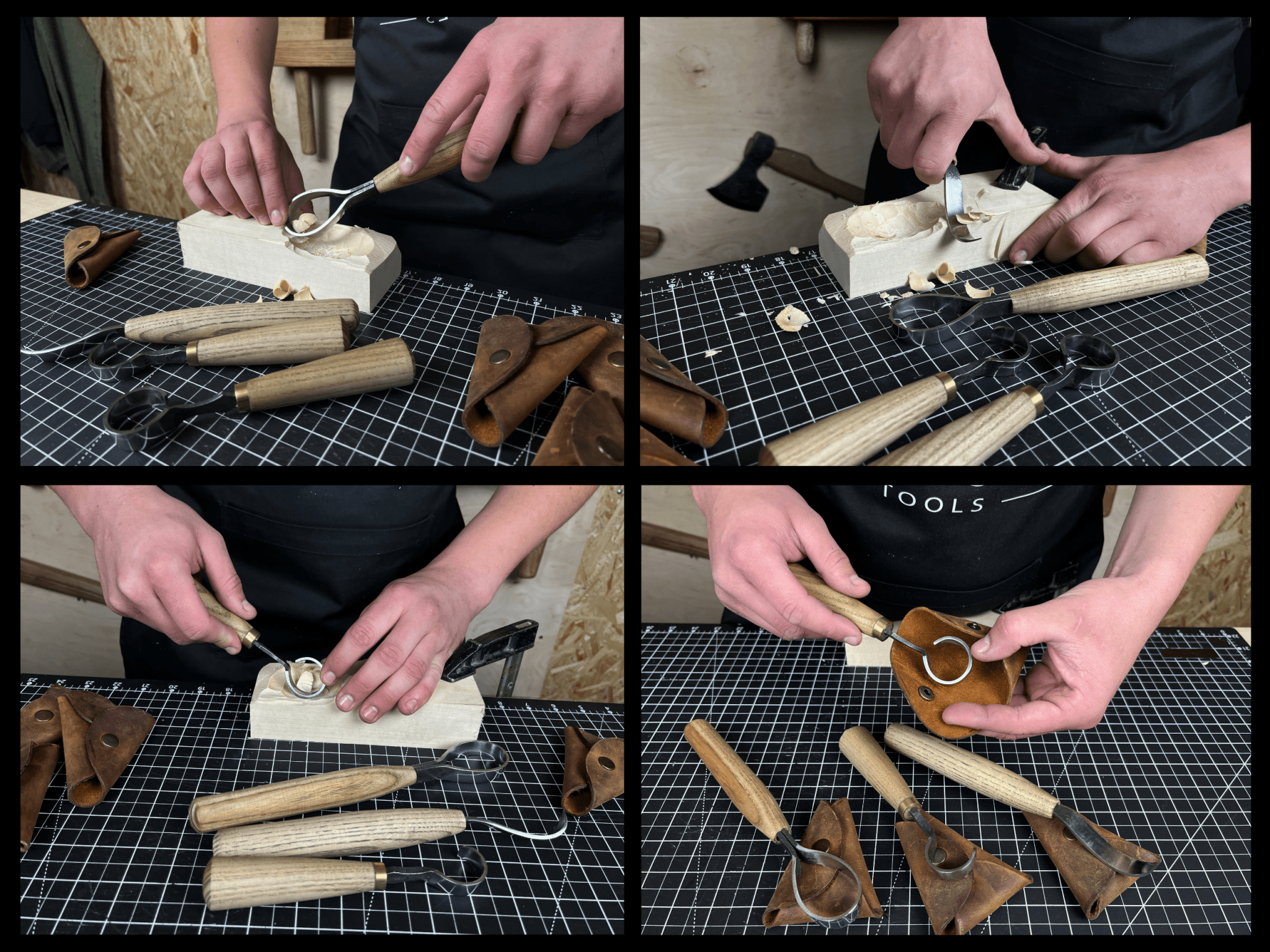 4-piece hand-forged wood carving knife set with ash handles and leather cases