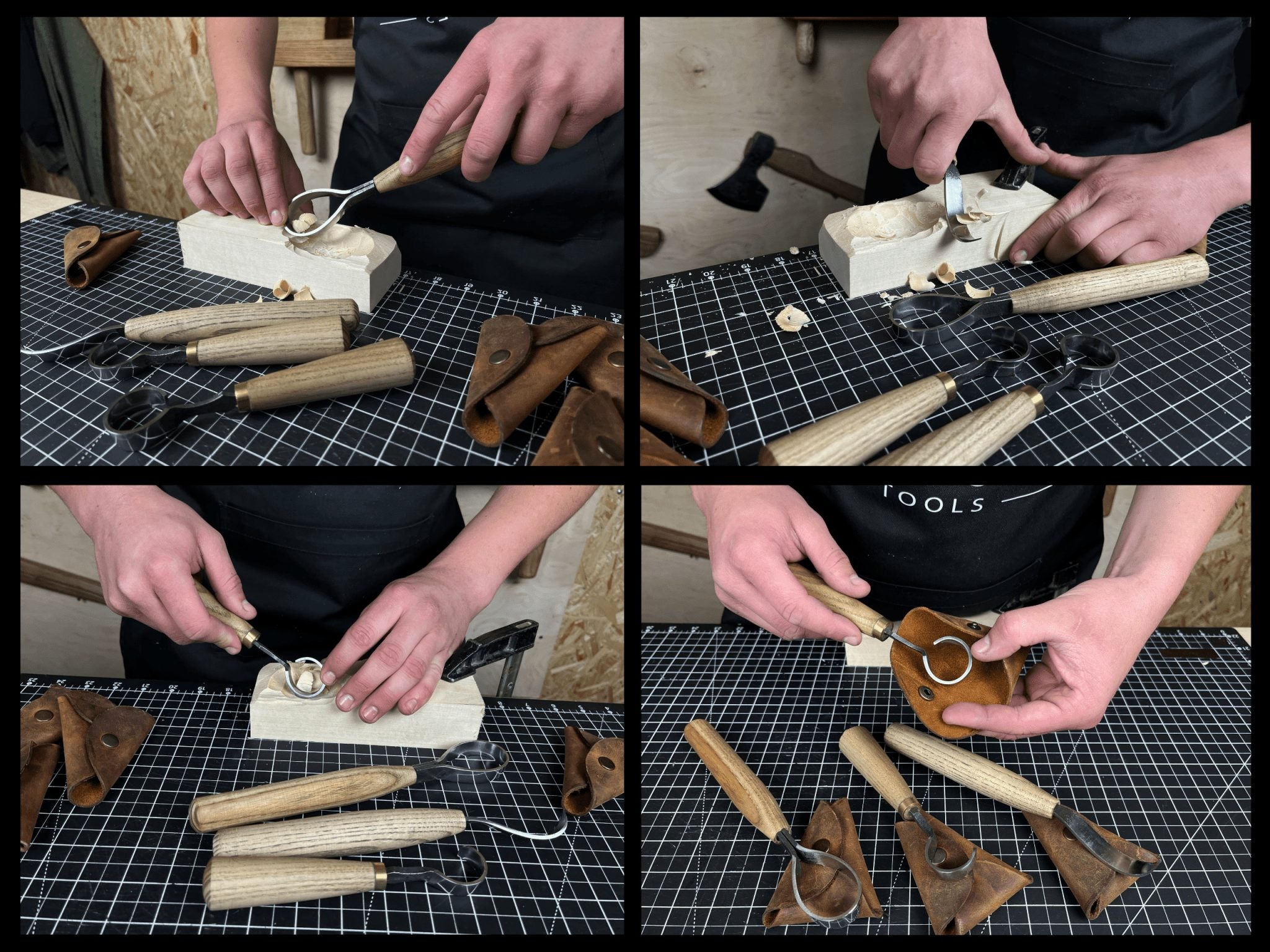 4-piece hand-forged wood carving knife set with ash handles and leather cases