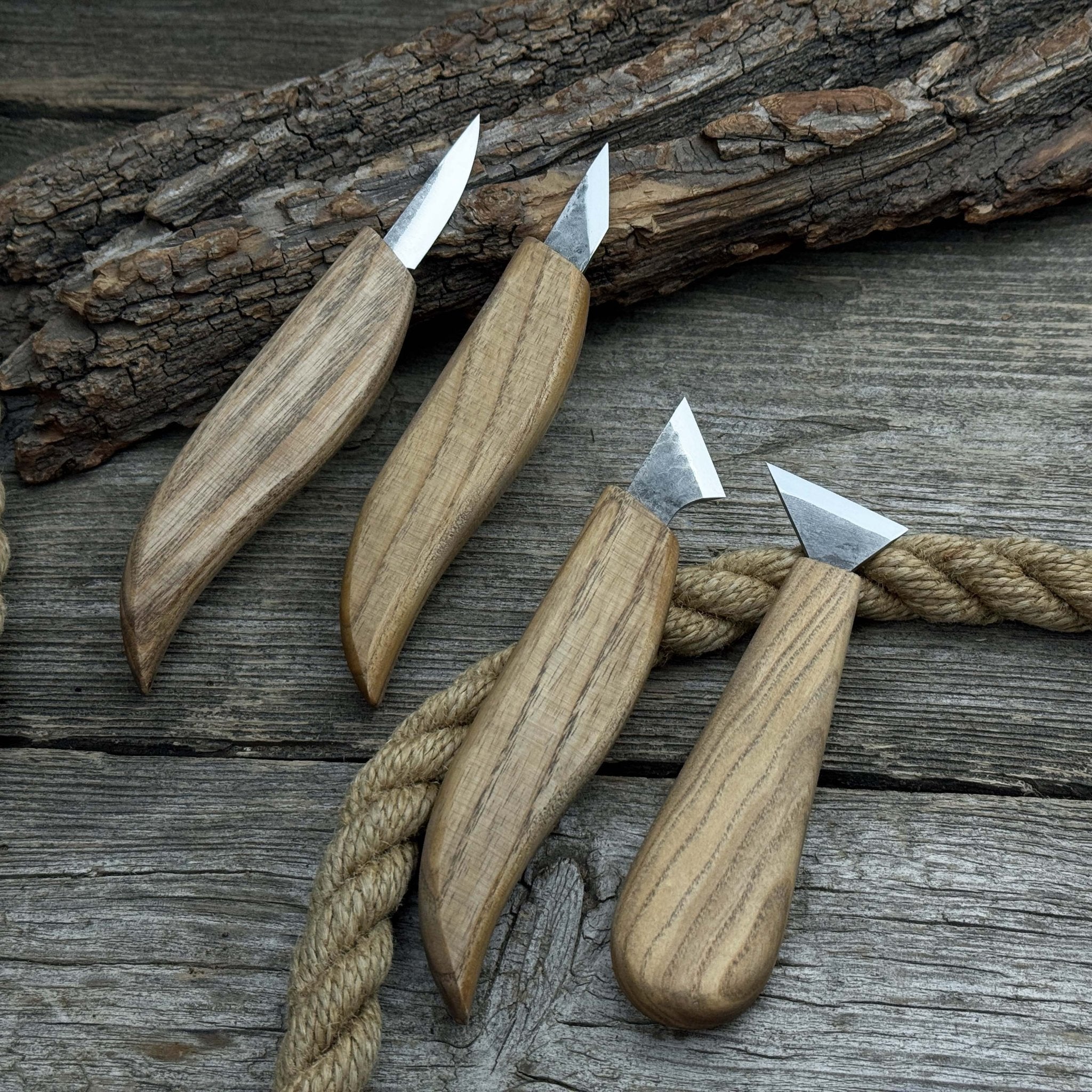 4-piece hand-forged wood carving knife set with ash wood handles and high-carbon steel blades