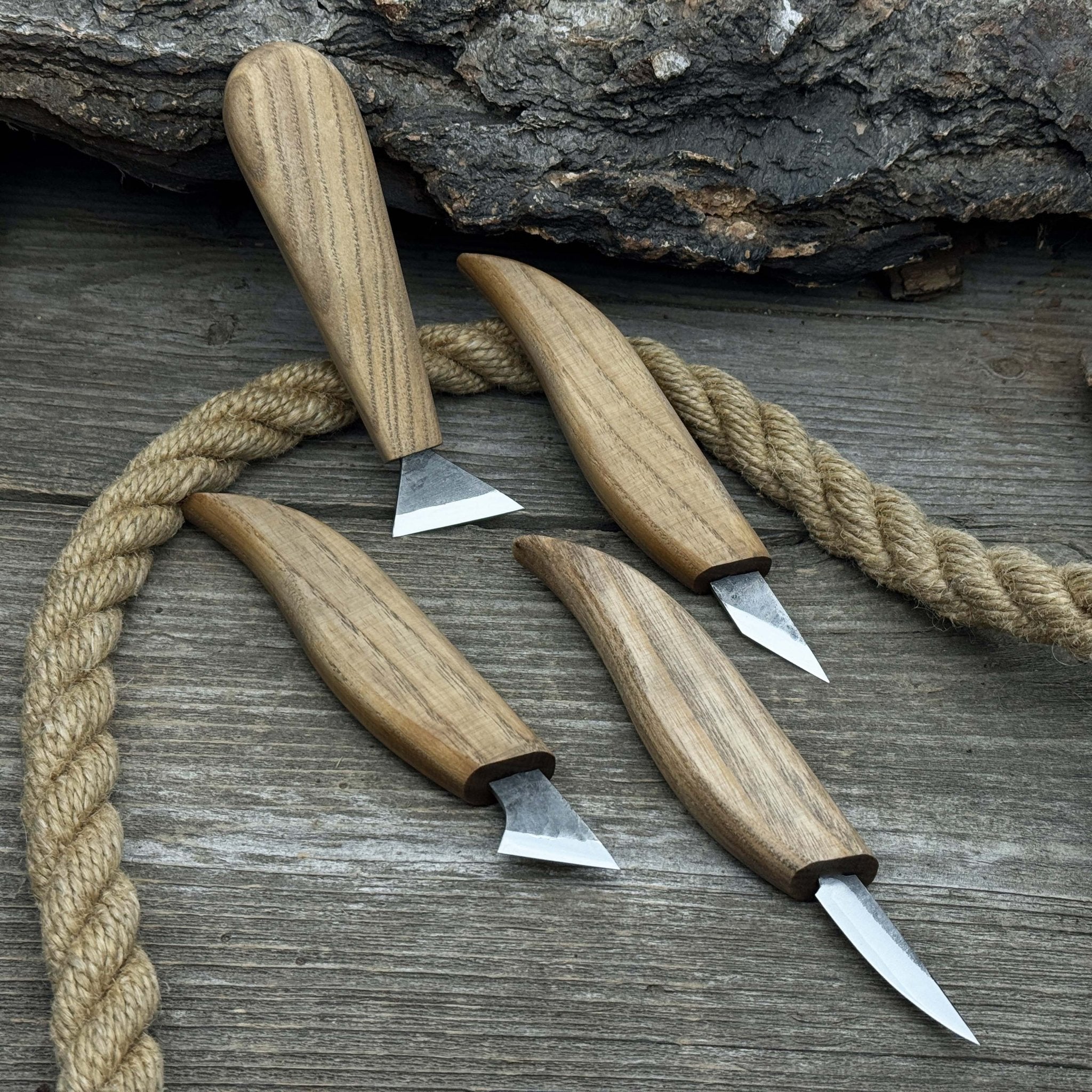 4-piece hand-forged wood carving knife set with ash wood handles and high-carbon steel blades