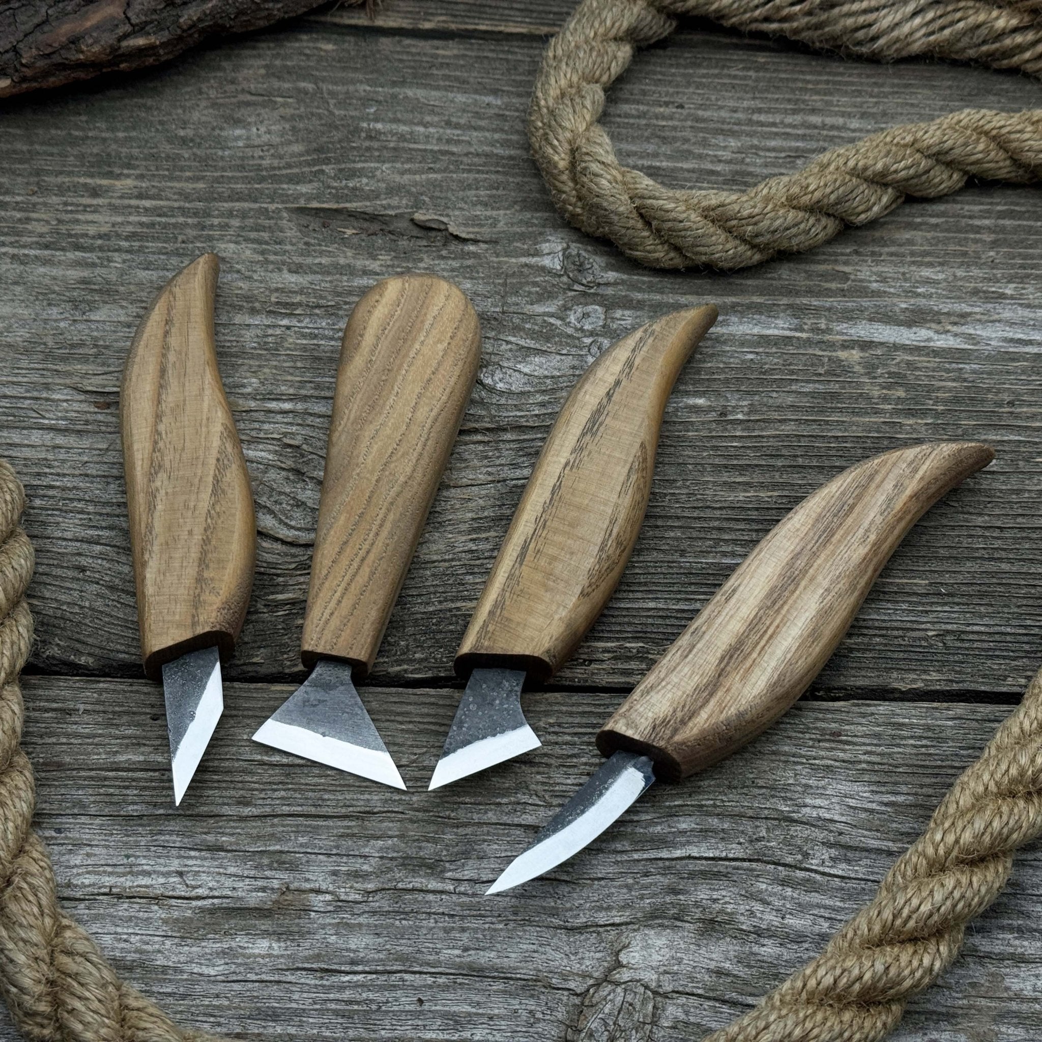 4-piece hand-forged wood carving knife set with ash wood handles and high-carbon steel blades