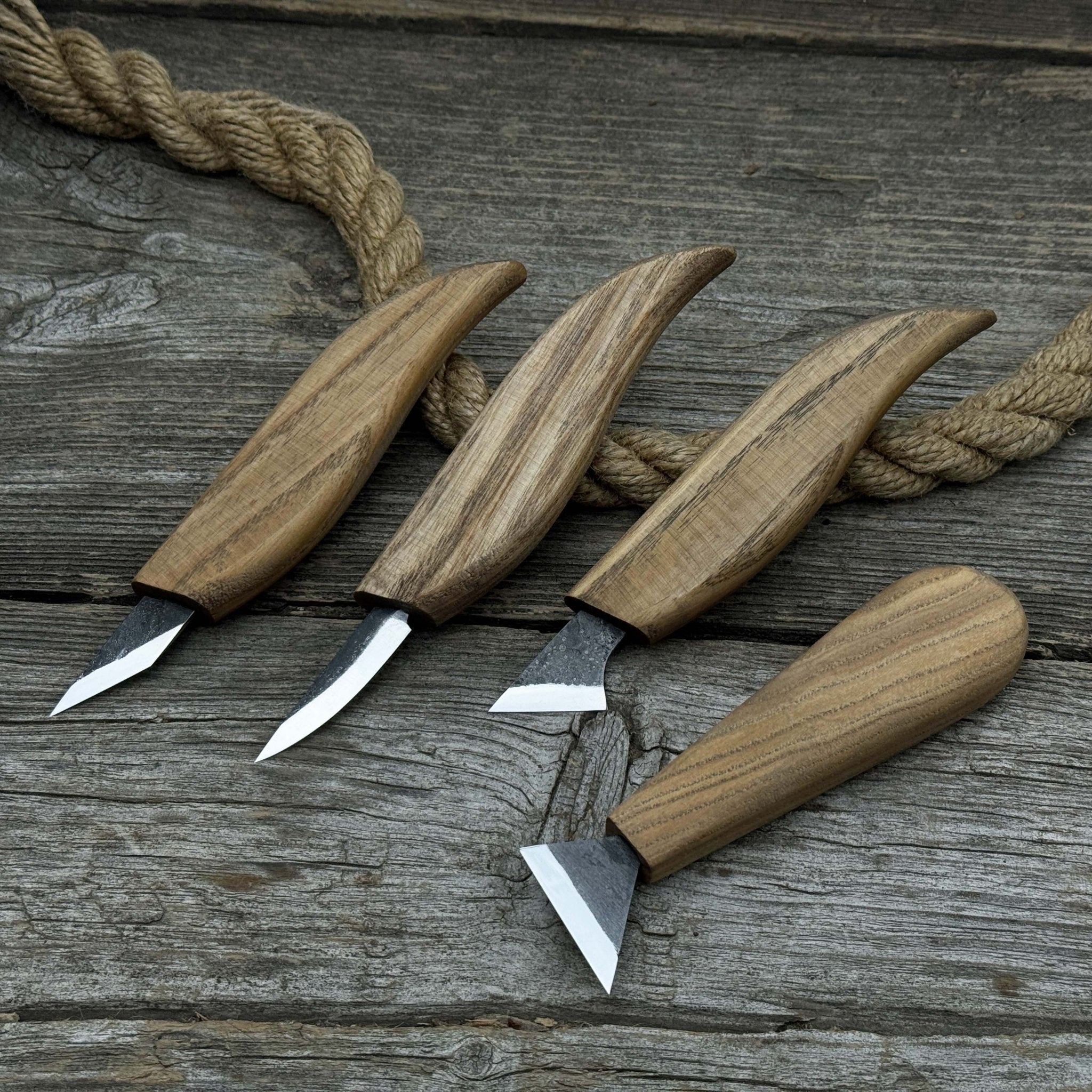 4-piece hand-forged wood carving knife set with ash wood handles and high-carbon steel blades