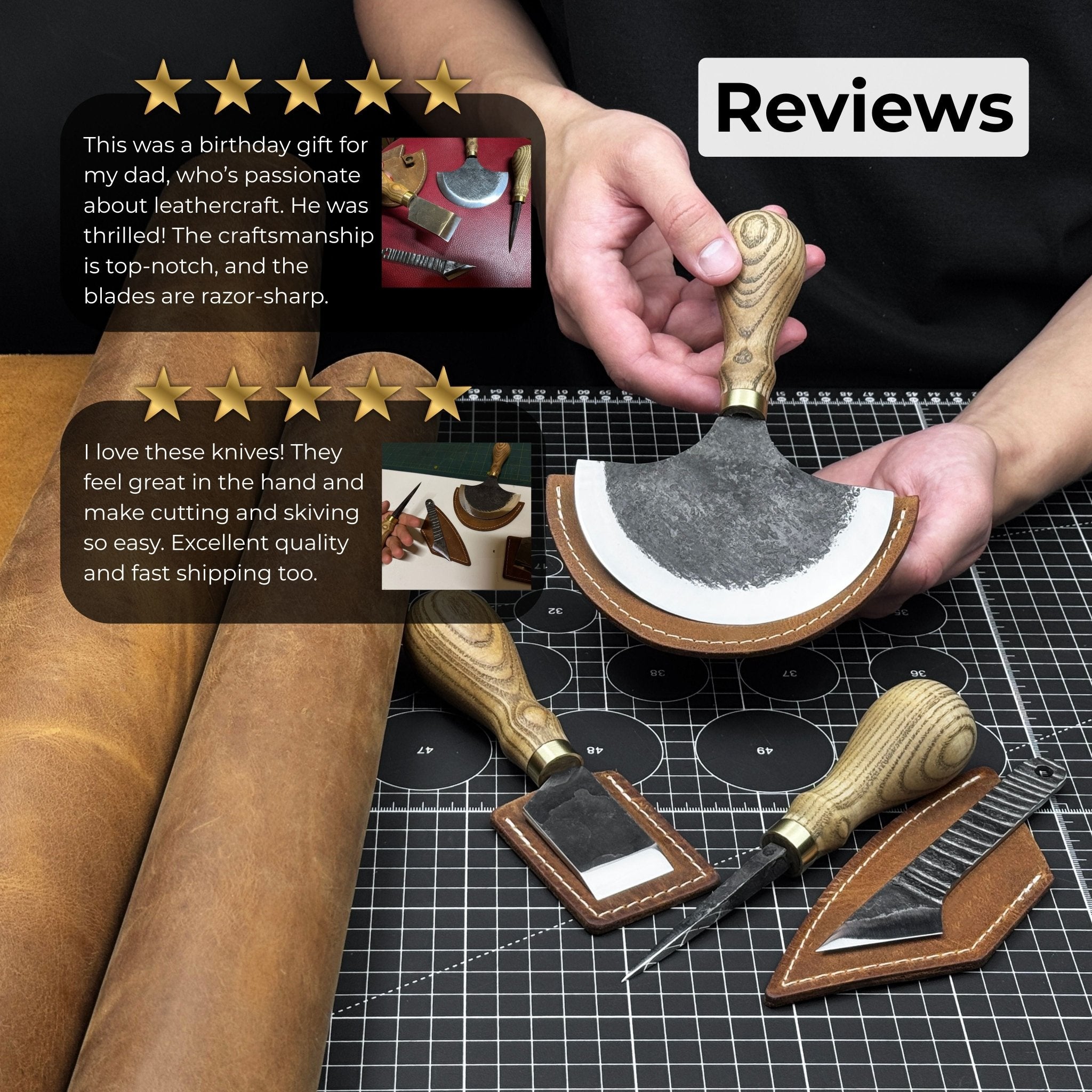 4-piece leather tool set with leather sheaths including half moon knife, skiving knife, kiridashi knife, and awl