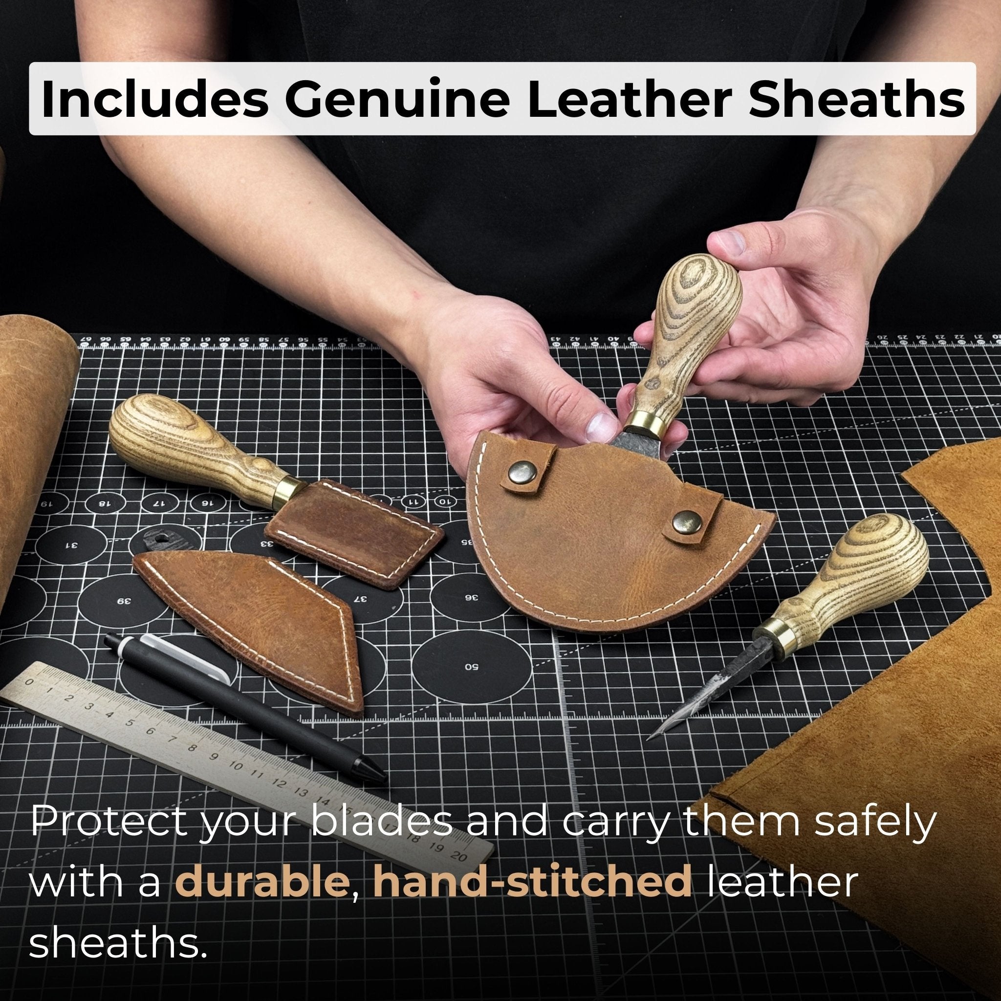 4-piece leather tool set with leather sheaths including half moon knife, skiving knife, kiridashi knife, and awl