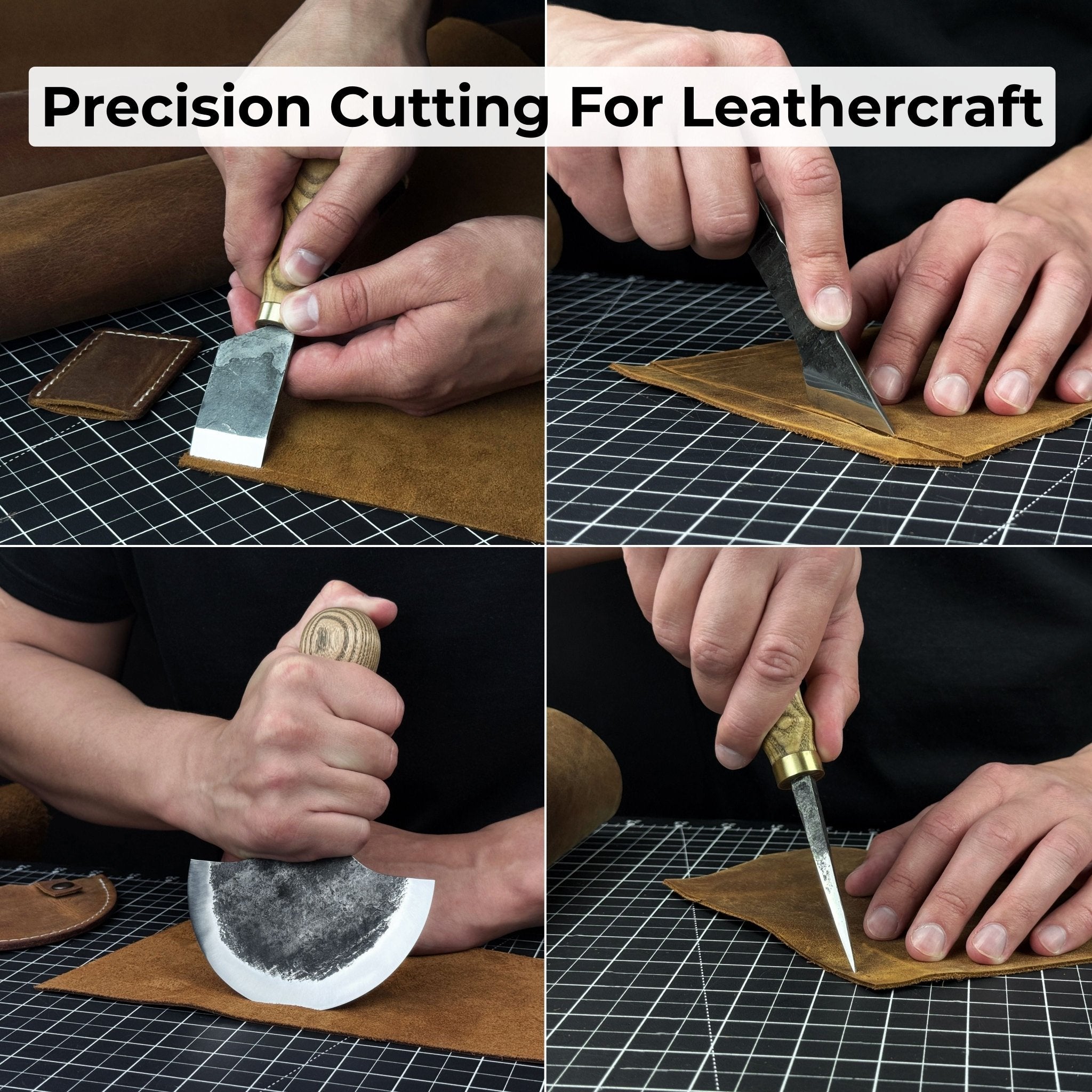 4-piece leather tool set with leather sheaths including half moon knife, skiving knife, kiridashi knife, and awl