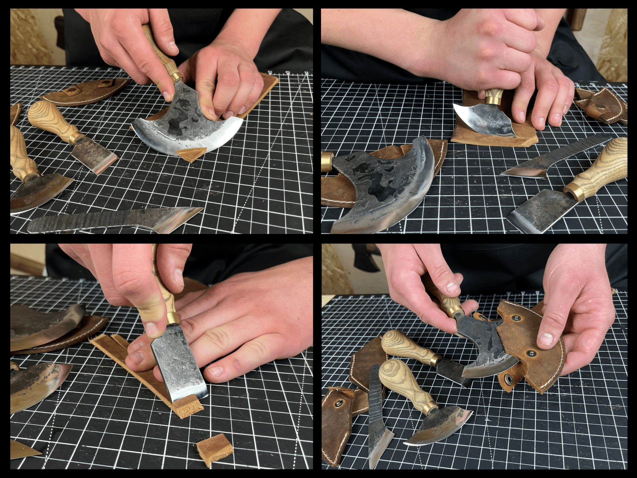 4-piece leatherworking tool set with hand-forged carbon steel blades and ash wood handles
