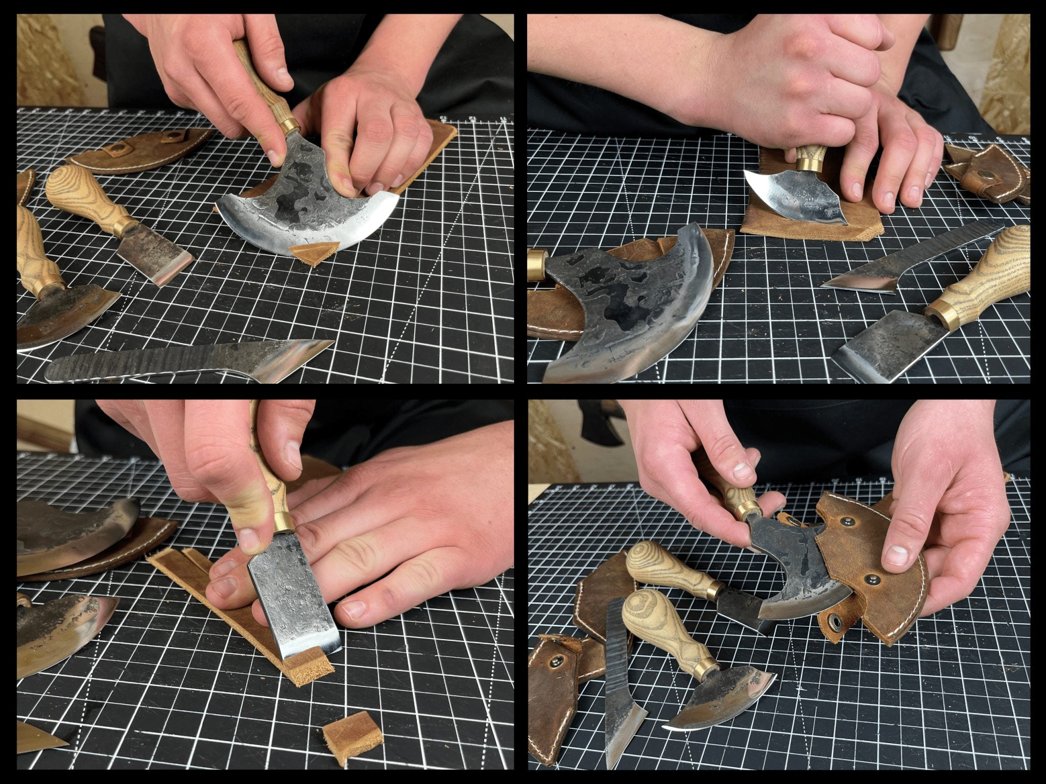 4-piece leatherworking tool set with hand-forged carbon steel blades and ash wood handles