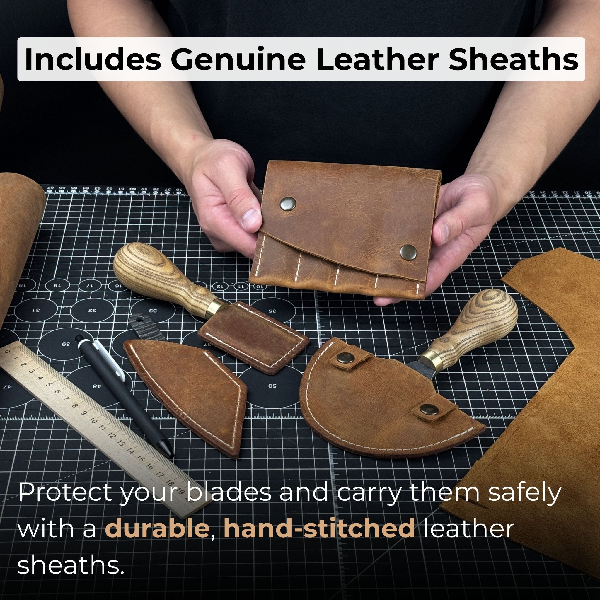 4-piece leatherworking tool set with leather sheaths by Sharky Forged Steel Tools