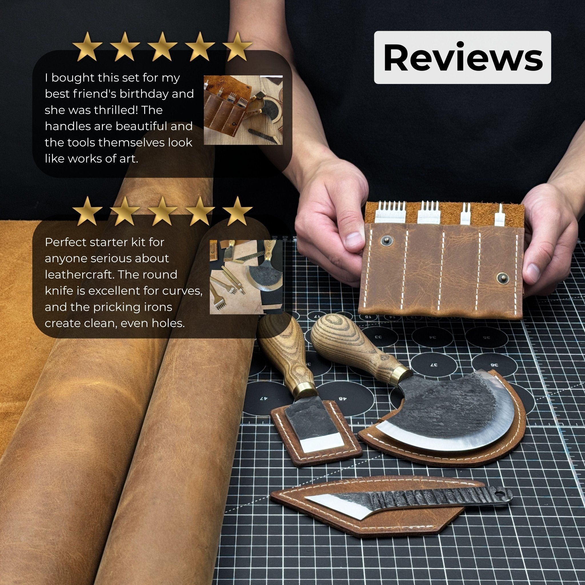 4-piece leatherworking tool set with leather sheaths by Sharky Forged Steel Tools