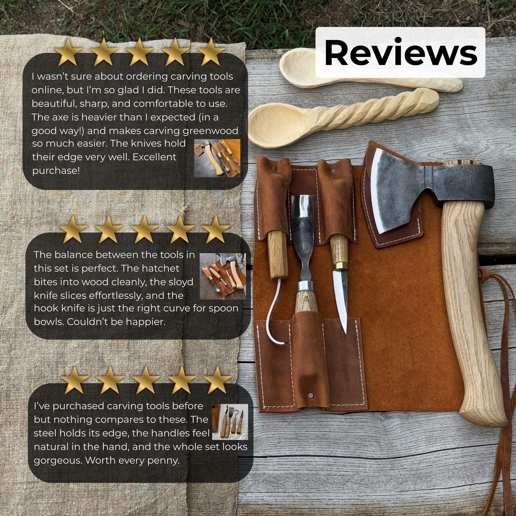 4-Piece Spoon Carving Tool Set with carving axe, sloyd knife, hook knife, bent gouge, and leather roll