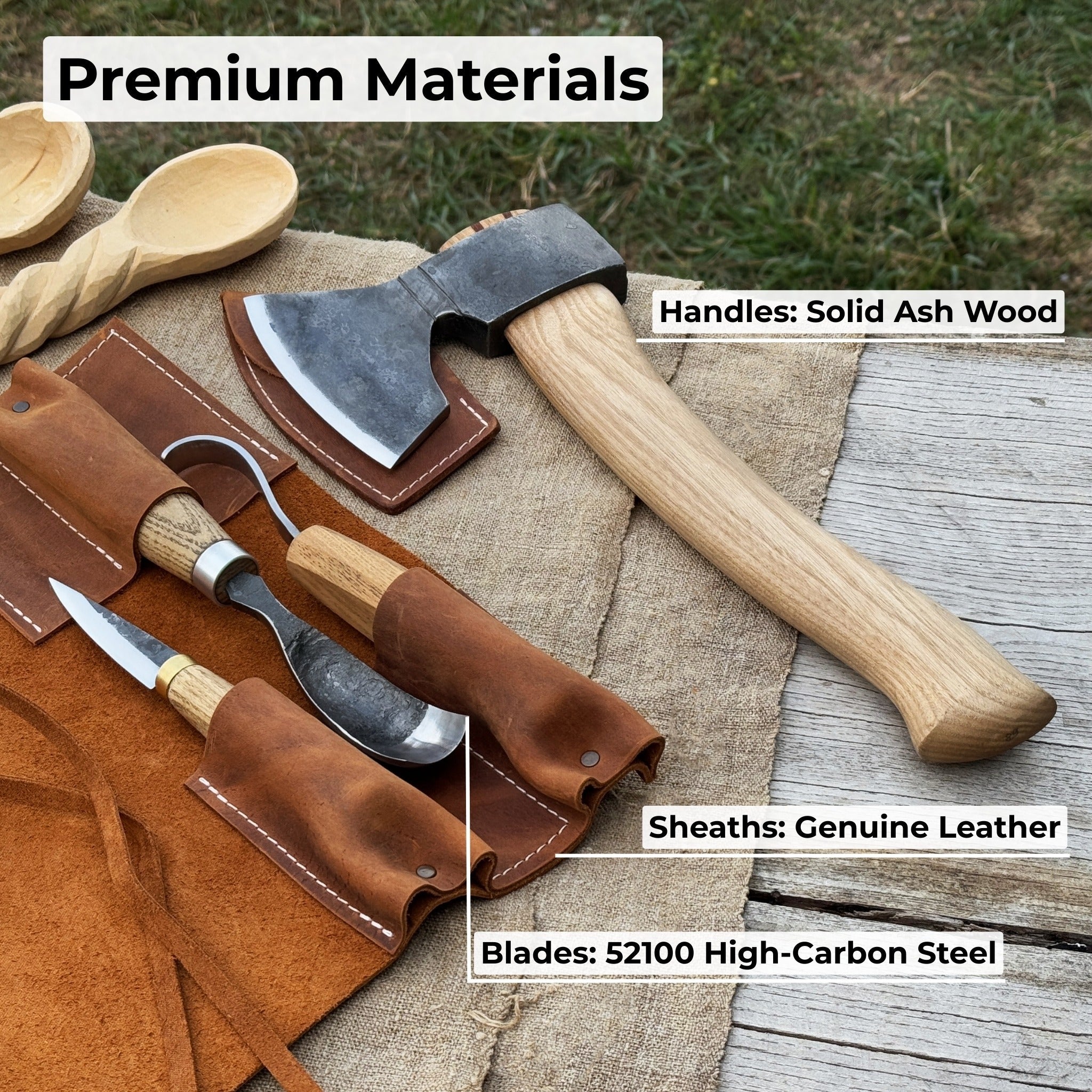 4-Piece Spoon Carving Tool Set with carving axe, sloyd knife, hook knife, bent gouge, and leather roll