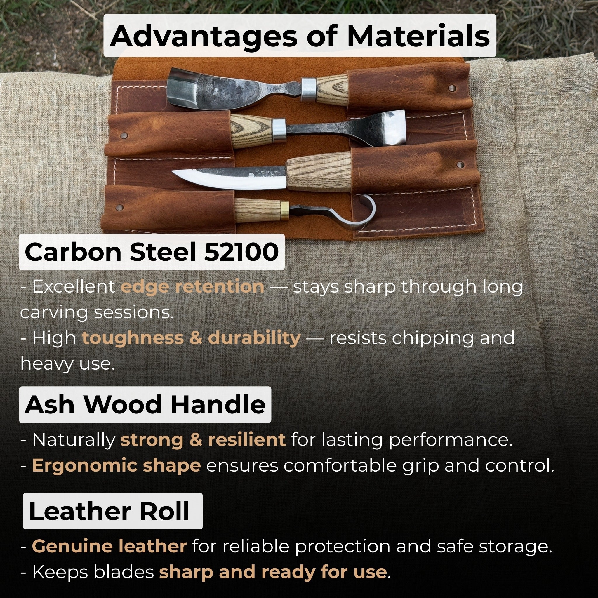 4-piece spoon carving tool set with leather roll by Sharky Forged Steel Tools