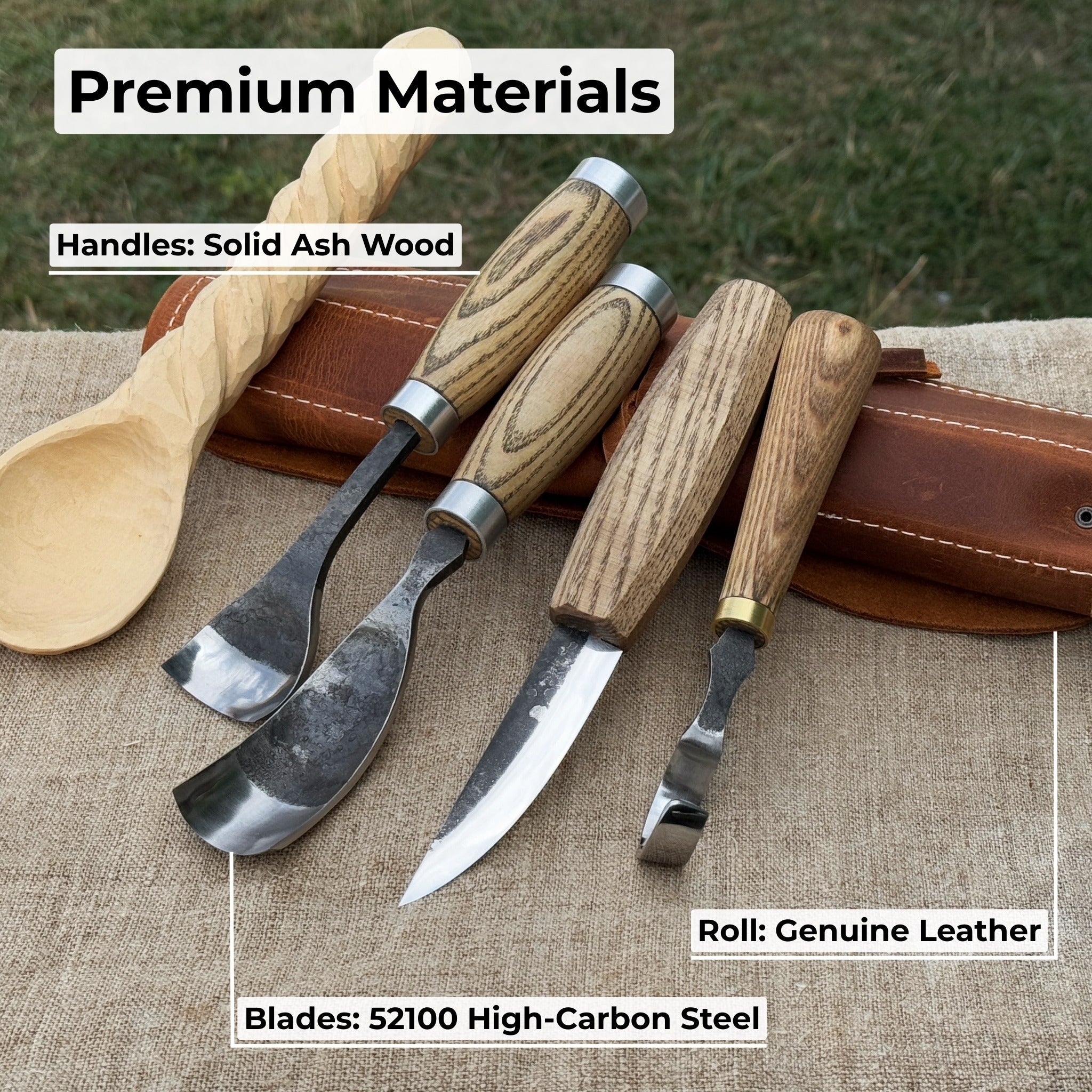 4-piece spoon carving tool set with leather roll by Sharky Forged Steel Tools