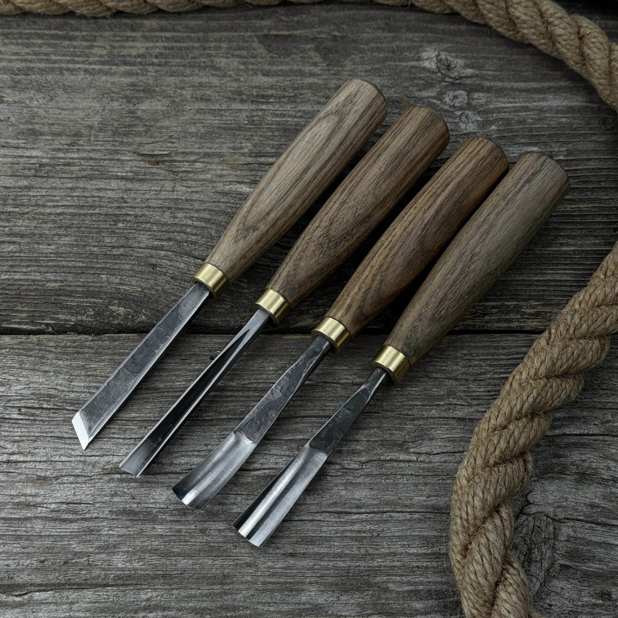 4-piece wood carving chisel and gouge set with ash wood handles and forged steel blades