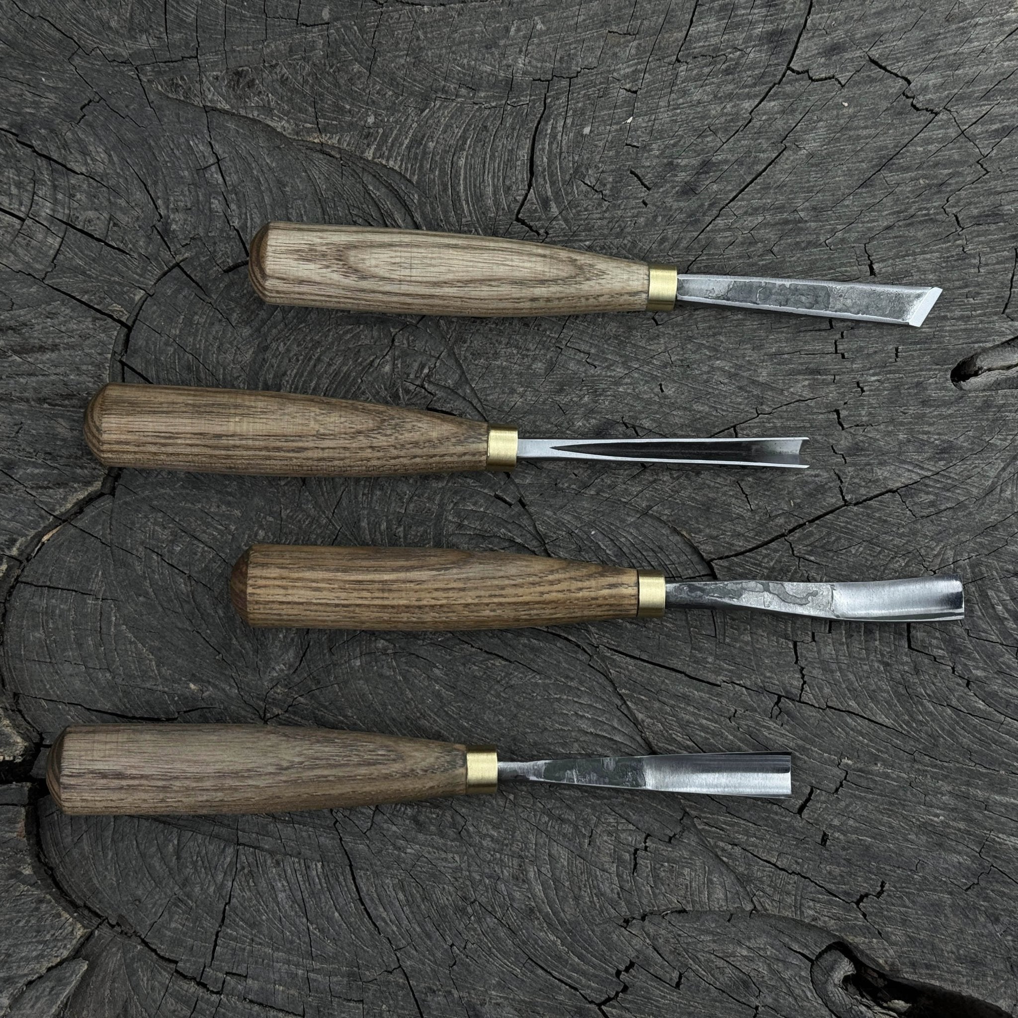 4-piece wood carving chisel and gouge set with ash wood handles and forged steel blades