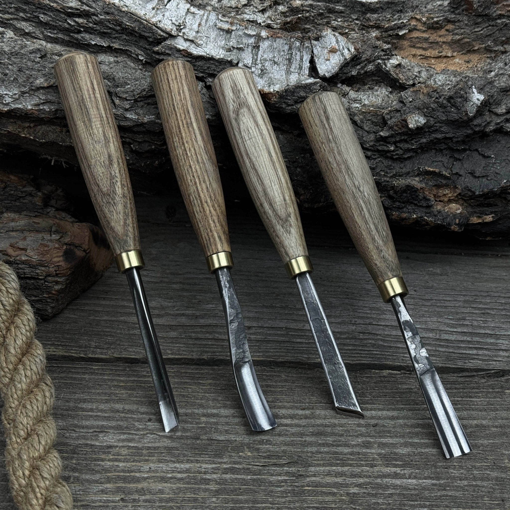 4-piece wood carving chisel and gouge set with ash wood handles and forged steel blades