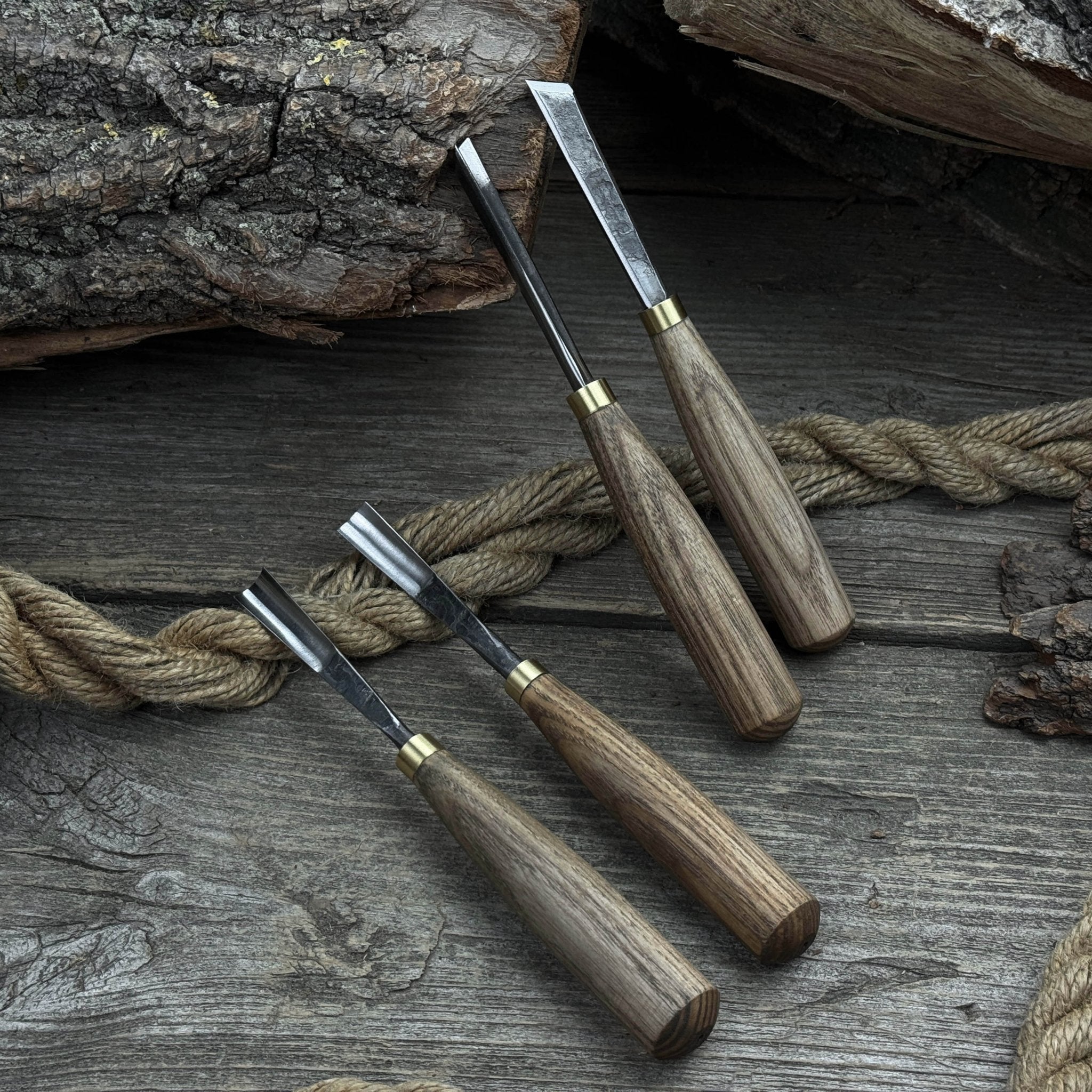 4-piece wood carving chisel and gouge set with ash wood handles and forged steel blades