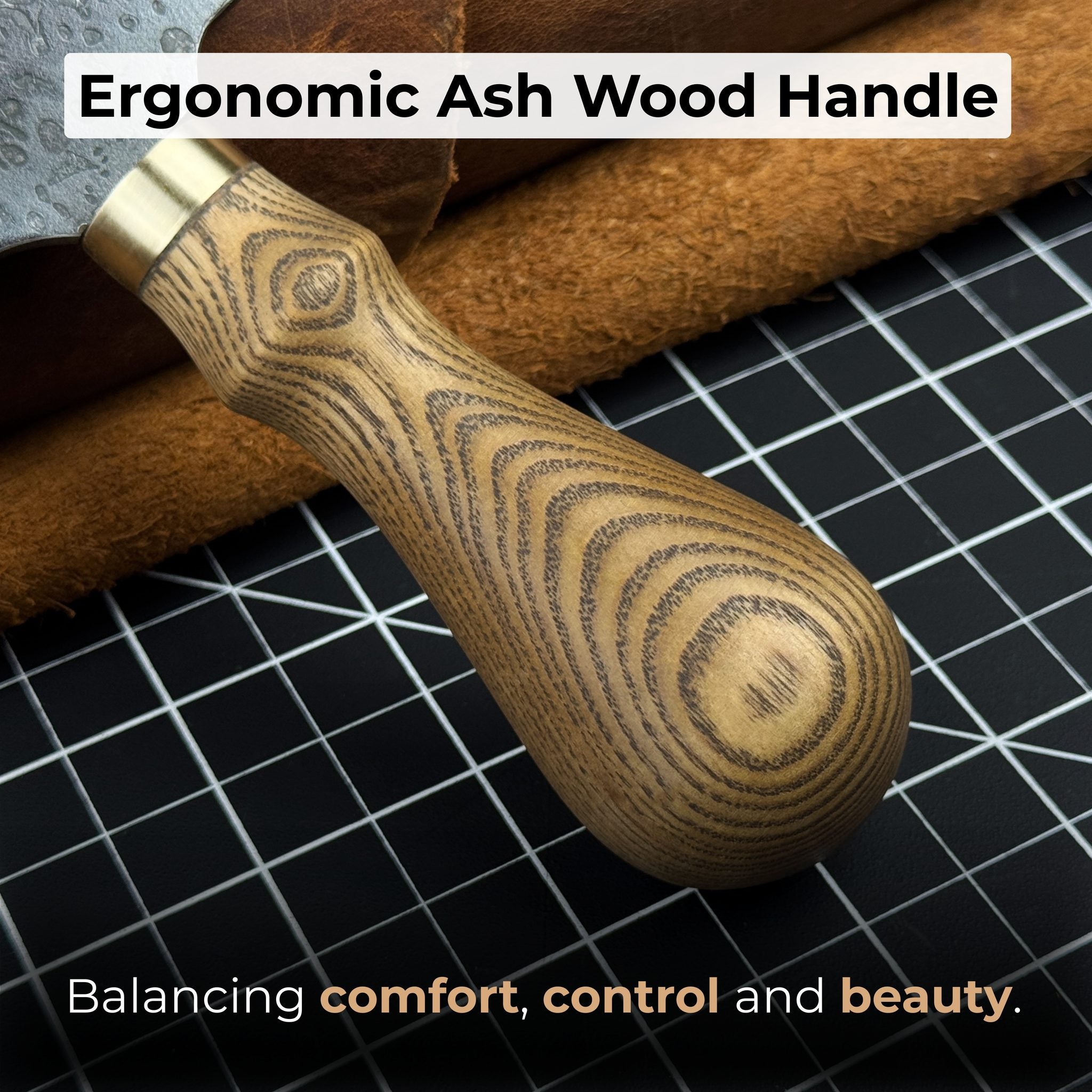 Hand-forged leather round knife with ash wood handle and carbon steel blade