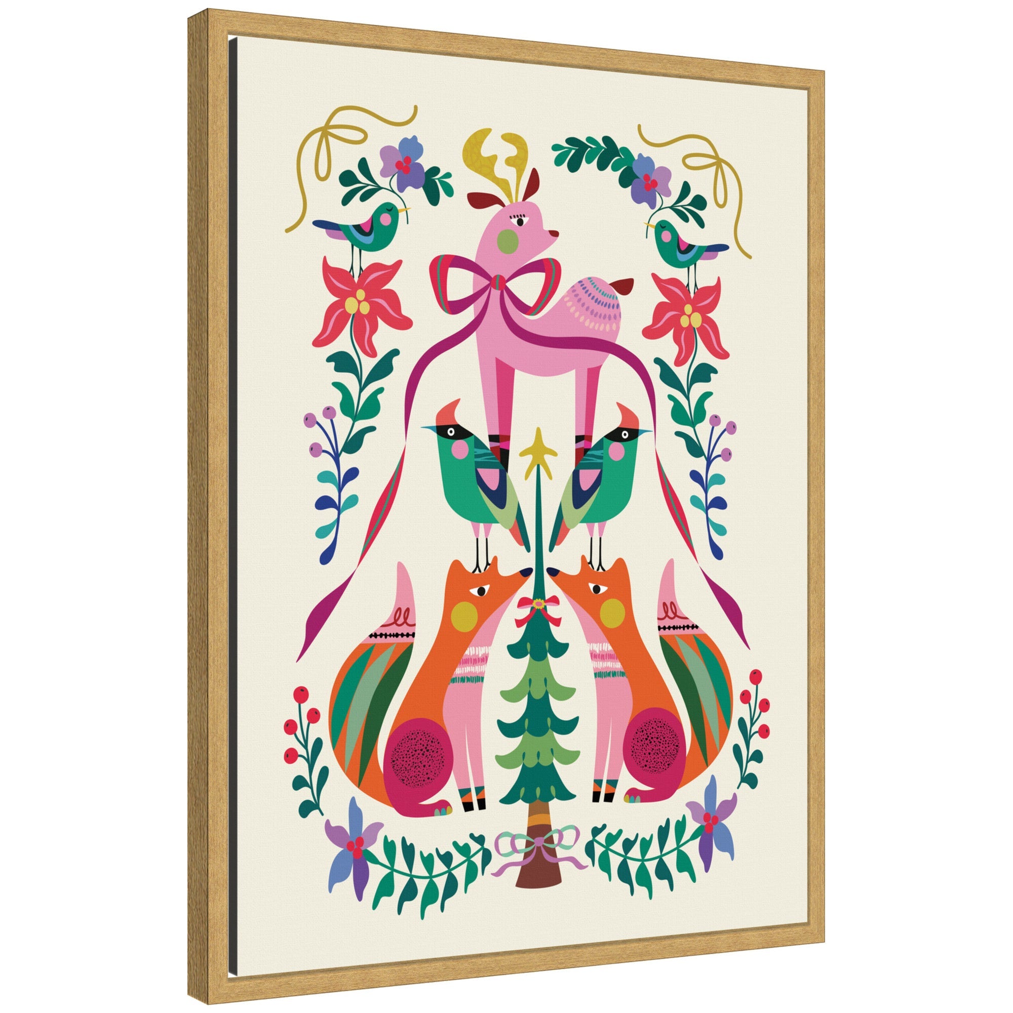 Framed canvas showing a colorful winter woodland scene with a deer adorned with a large bow, two foxes, birds, and lush floral patterns.