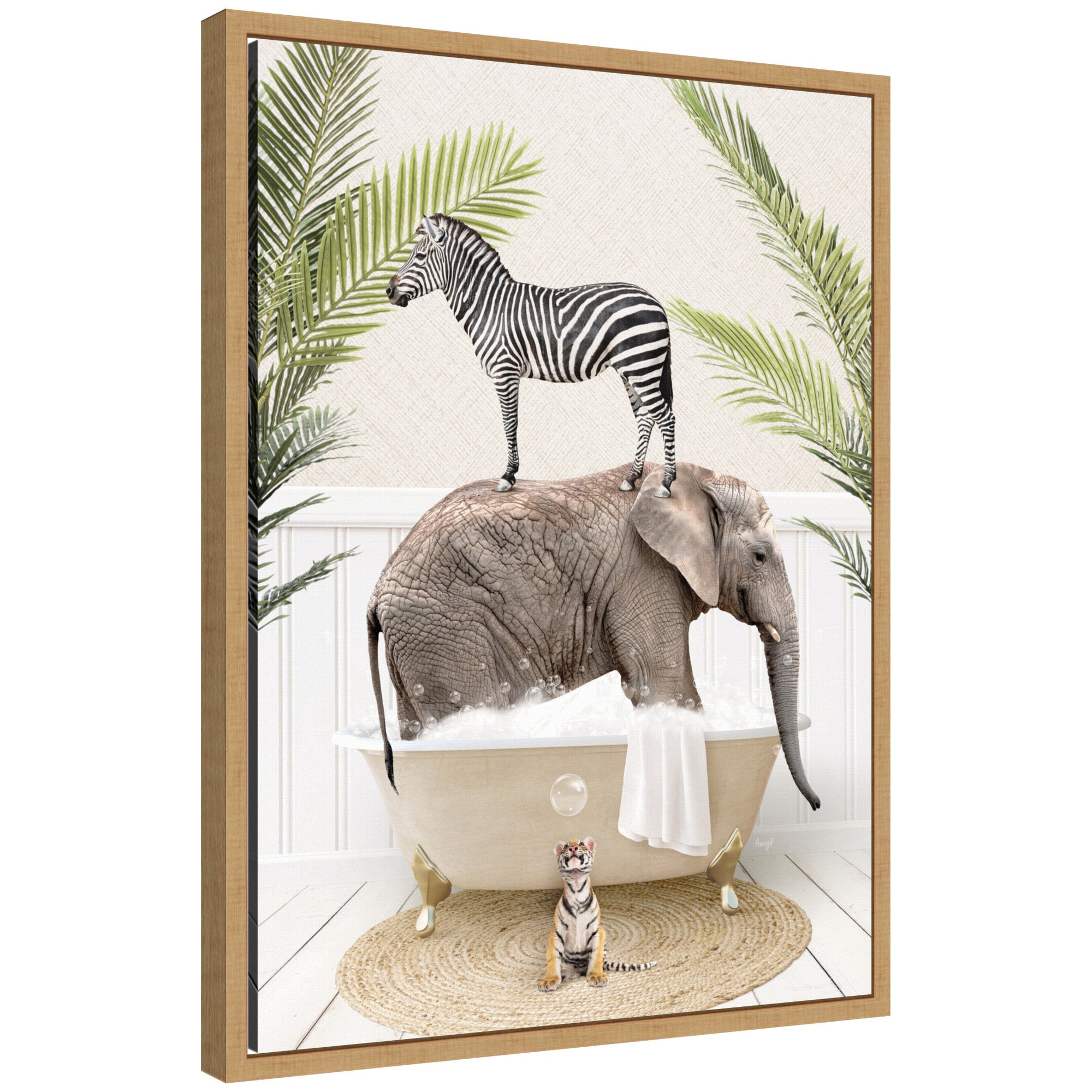 Framed canvas art titled Sylvie Safari Animals in Palm Bath by Amy Peterson showing animal silhouettes with palm leaves