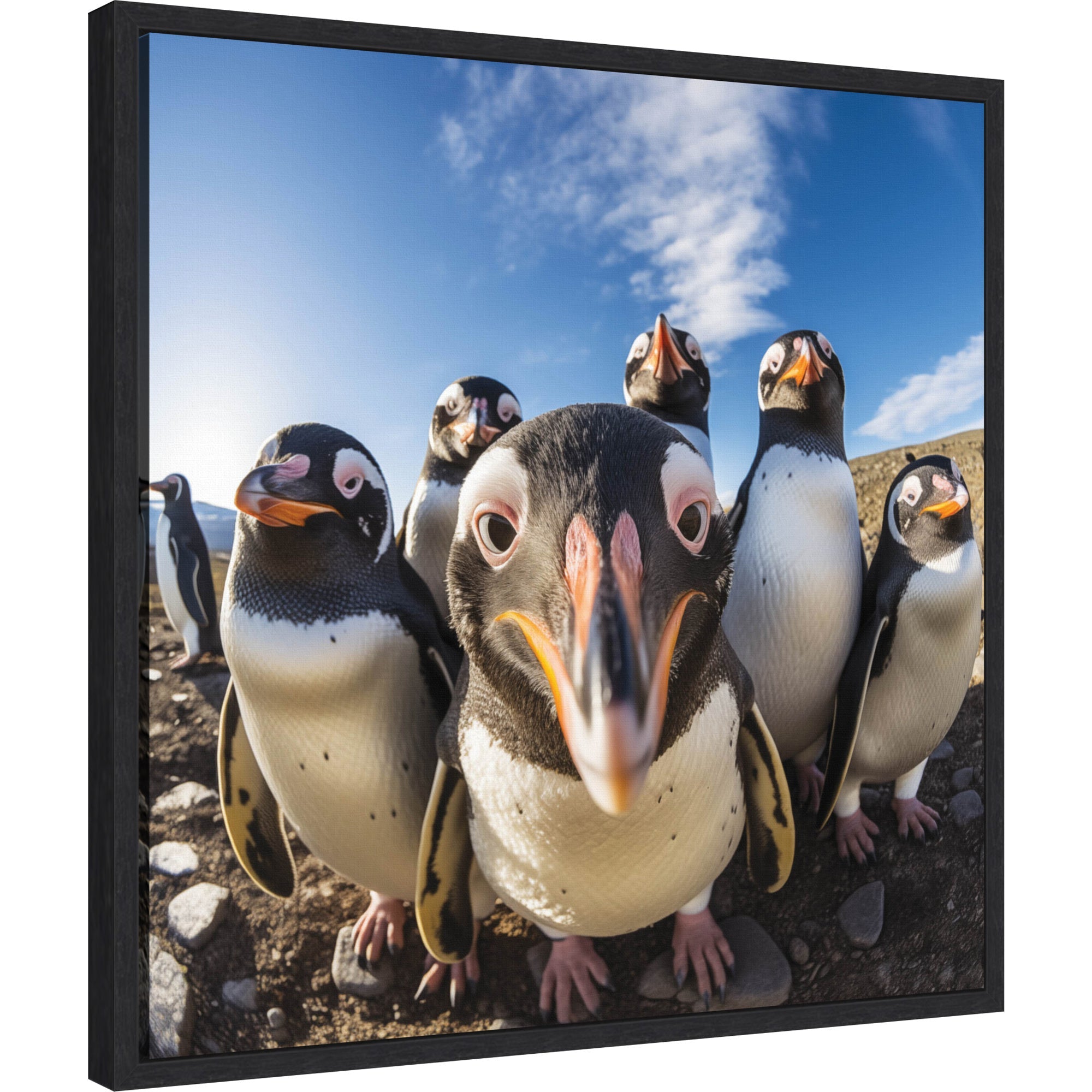 Framed canvas art showing a whimsical penguin taking a selfie