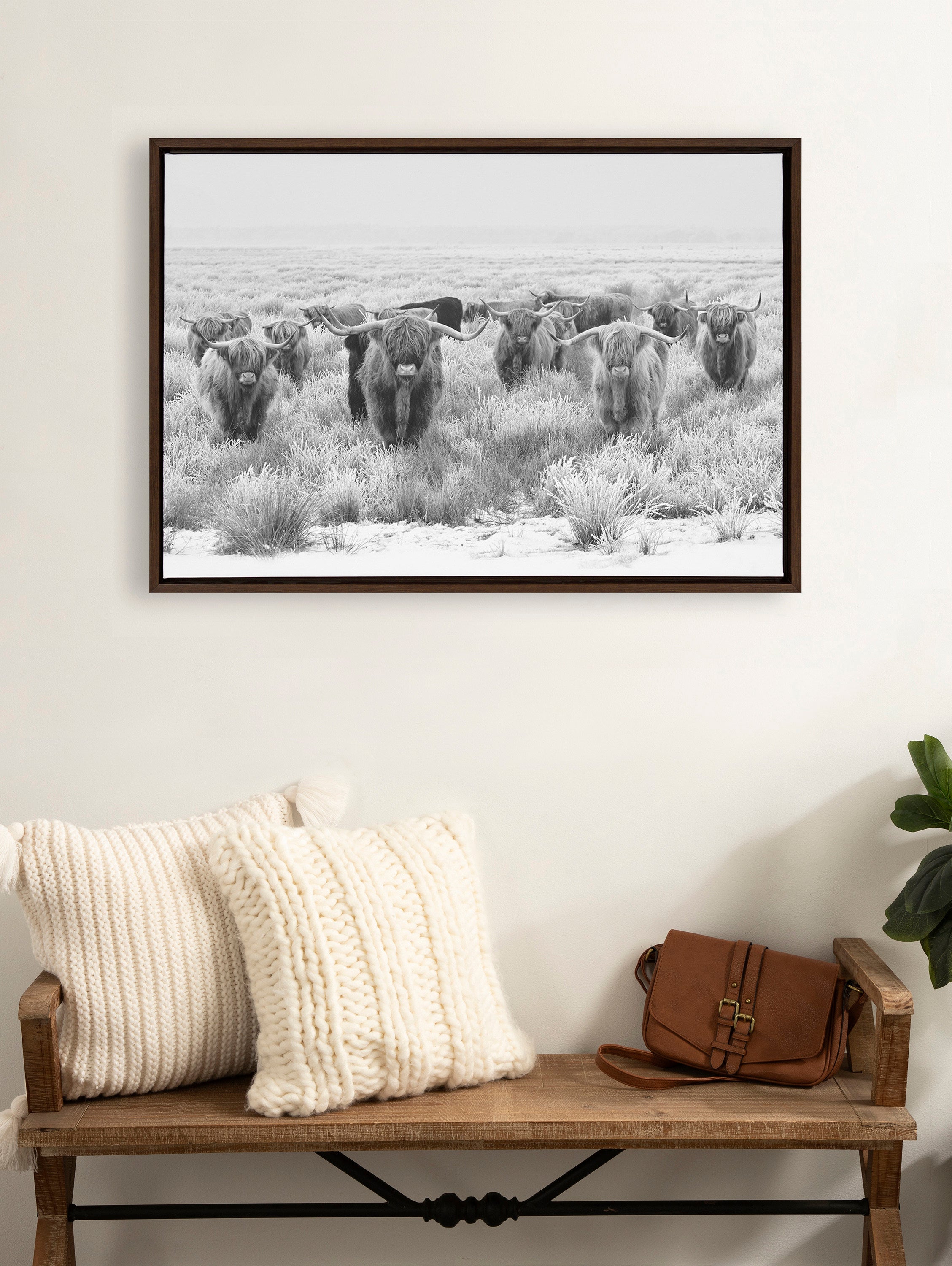 Sylvie Herd of Highland Cows Black and White Framed Canvas by The