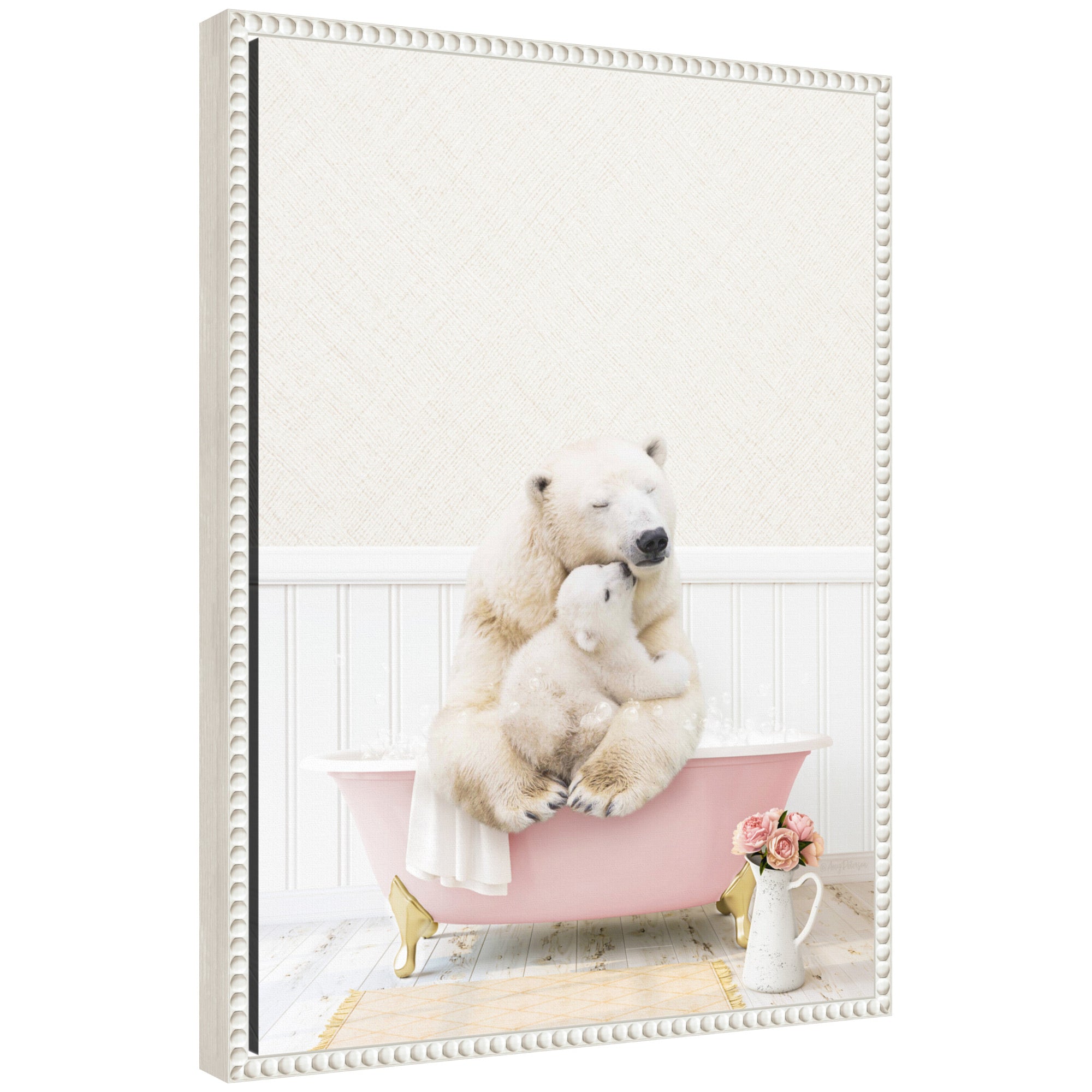 Framed canvas art showing mother and baby polar bear in a rose-colored bathtub