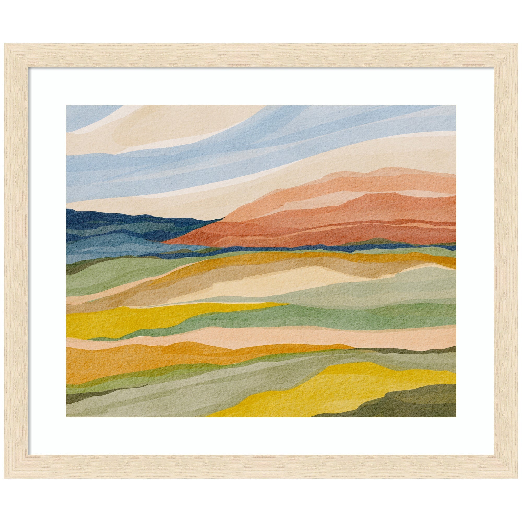 Framed printed art titled Vibrant Rhythm by Nikita Jariwala showing an abstract watercolor landscape with earthy and vibrant tones in Woodgrain Stripe Blonde frame