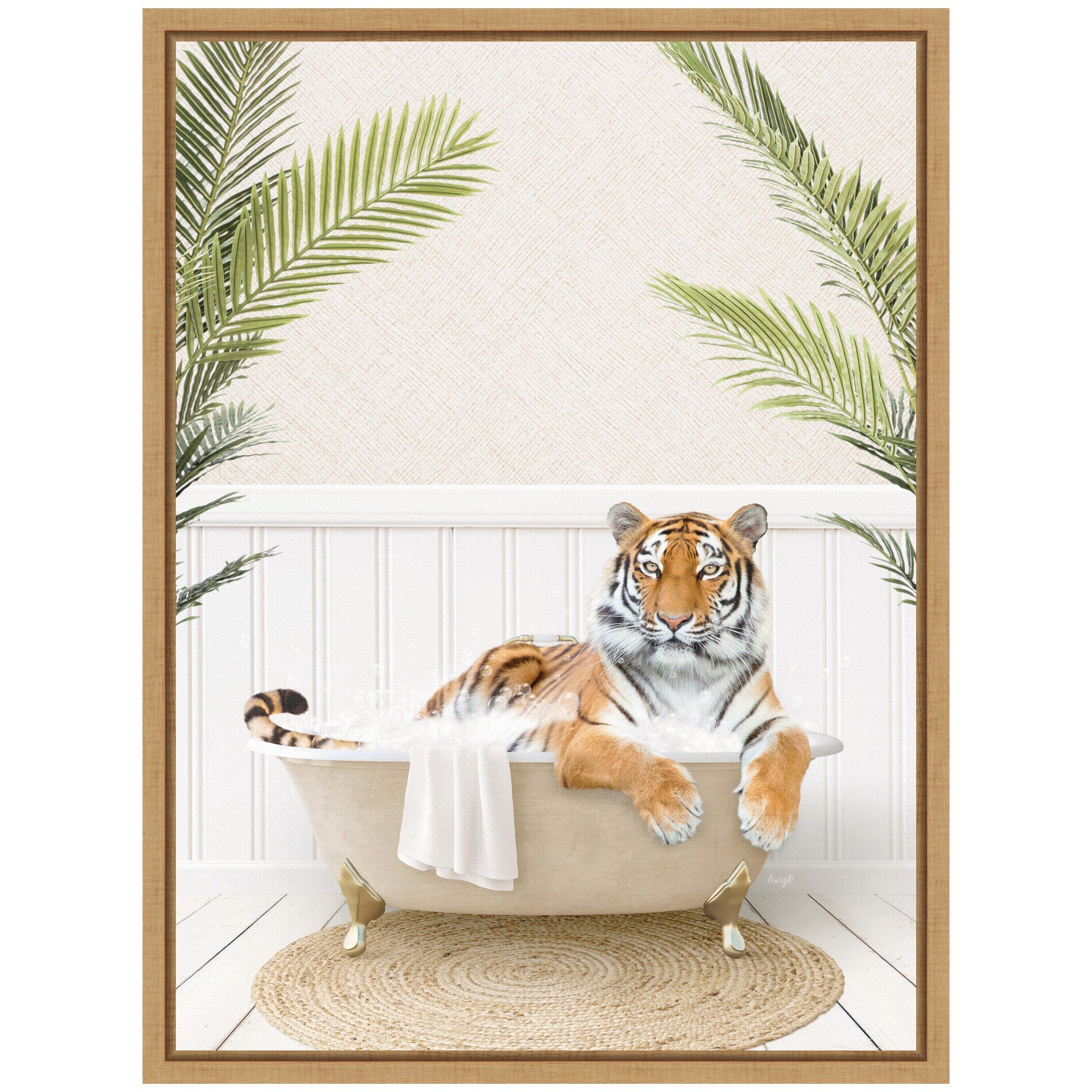 Sylvie Tiger in Palm Bath Framed Canvas by Amy Peterson