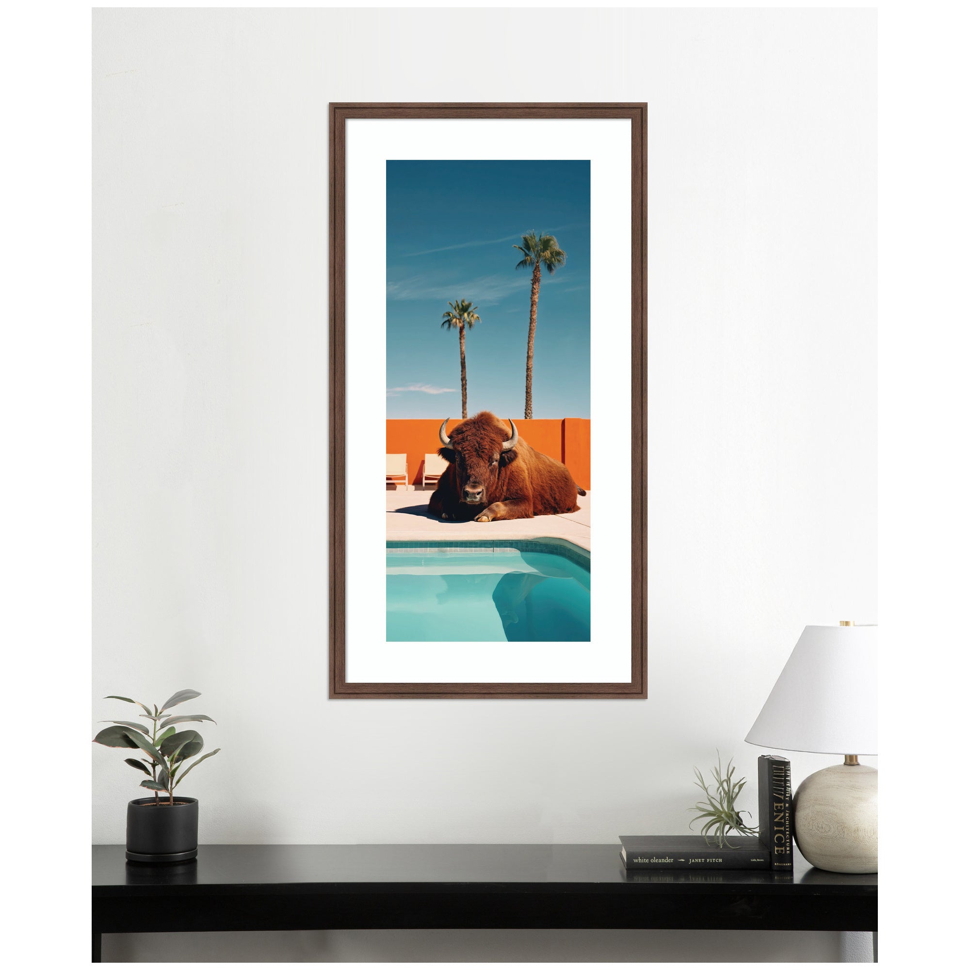 Framed Art Bison Chilling by the Pool in California by Michael Schauer