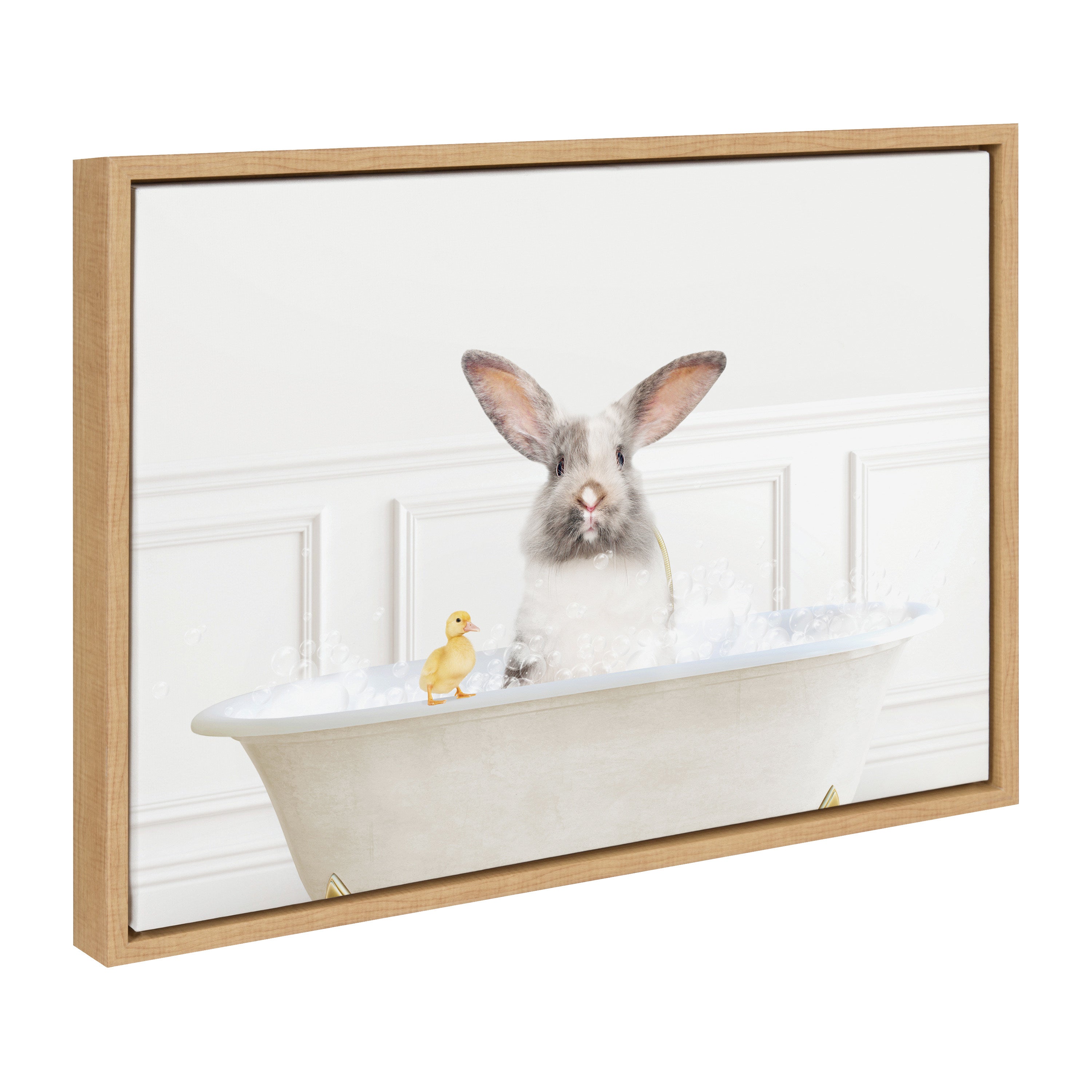 Framed canvas art depicting Sylvie Bunny in a bubble bath in a neutral color palette