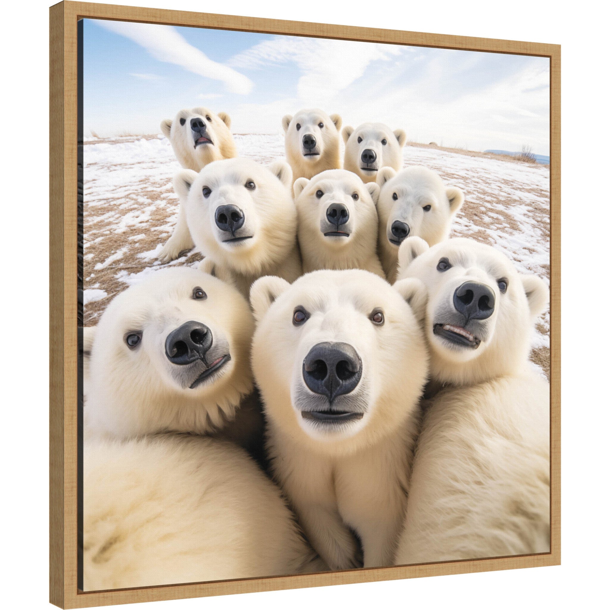 Framed canvas art of a polar bear taking a selfie with a playful expression