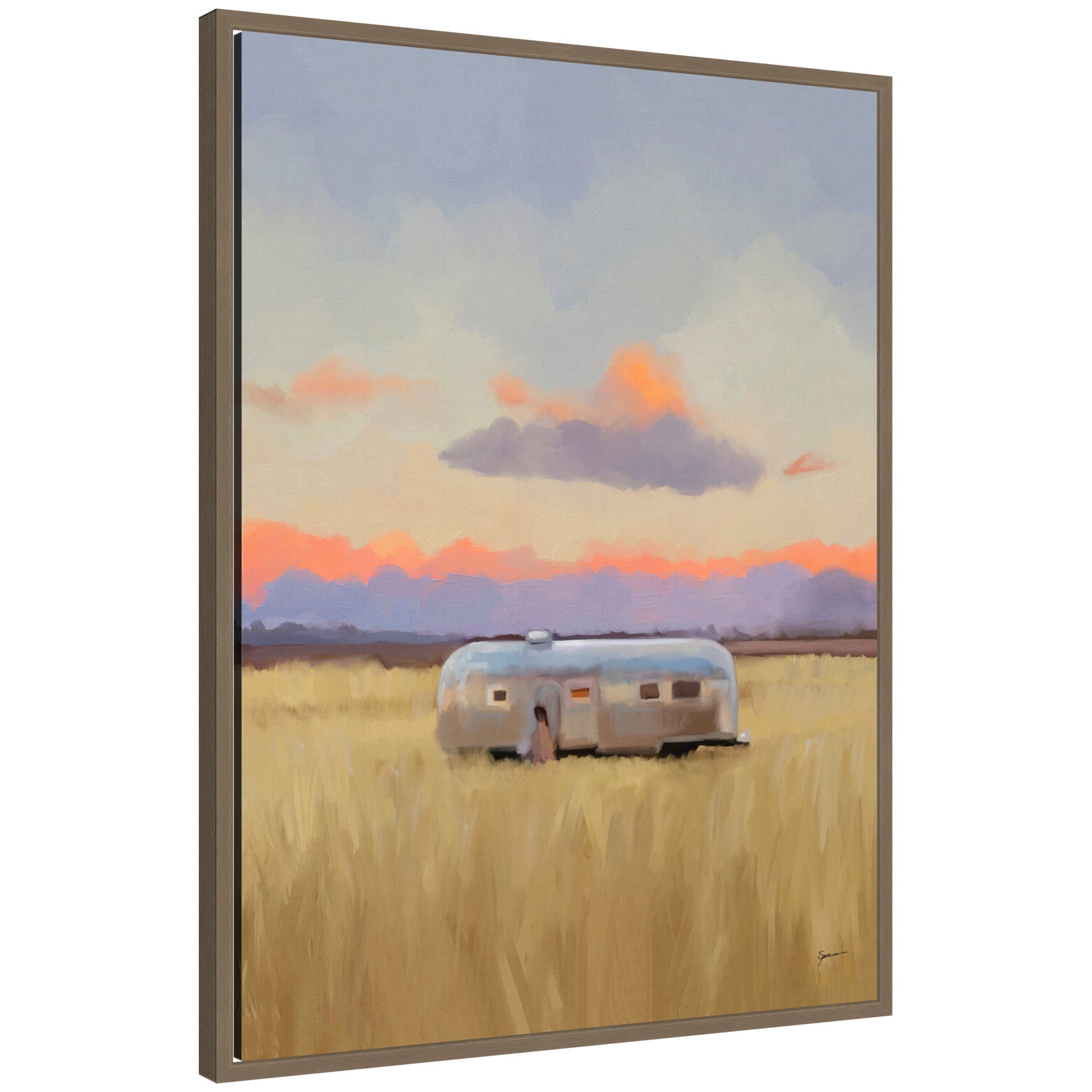 Framed canvas wall art titled 'Solitude' in dark gold tones by Mary Sparrow, placed above a mid-century modern credenza with plants.
