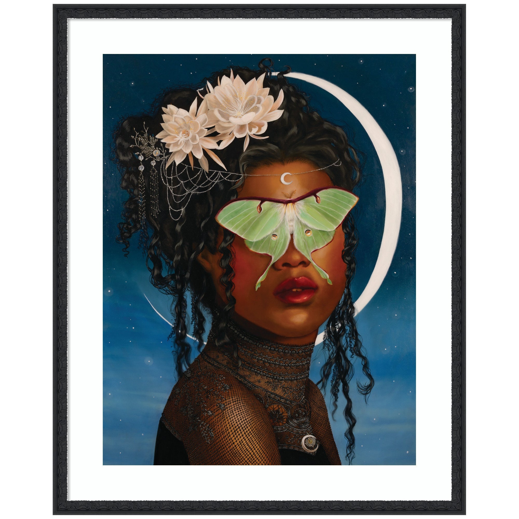 Framed wall art print titled Luna Ascending by Charlotte Brindley showing abstract ascending shapes in muted tones with black frame